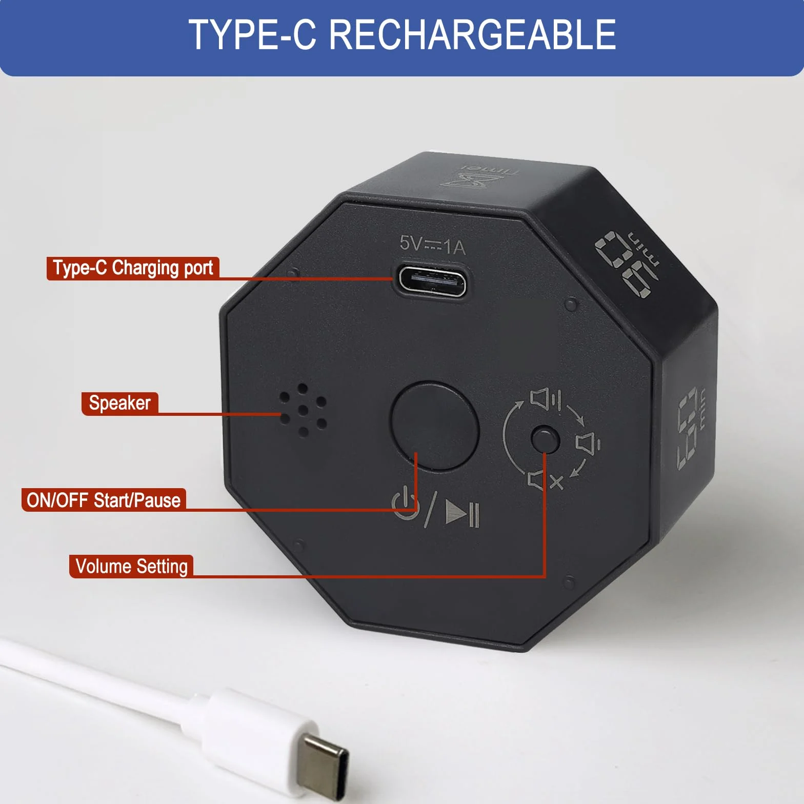 Timer kostkowy ośmiokątny Pomodoro 1-90 minut odliczanie LCD regulowany alarm czarny