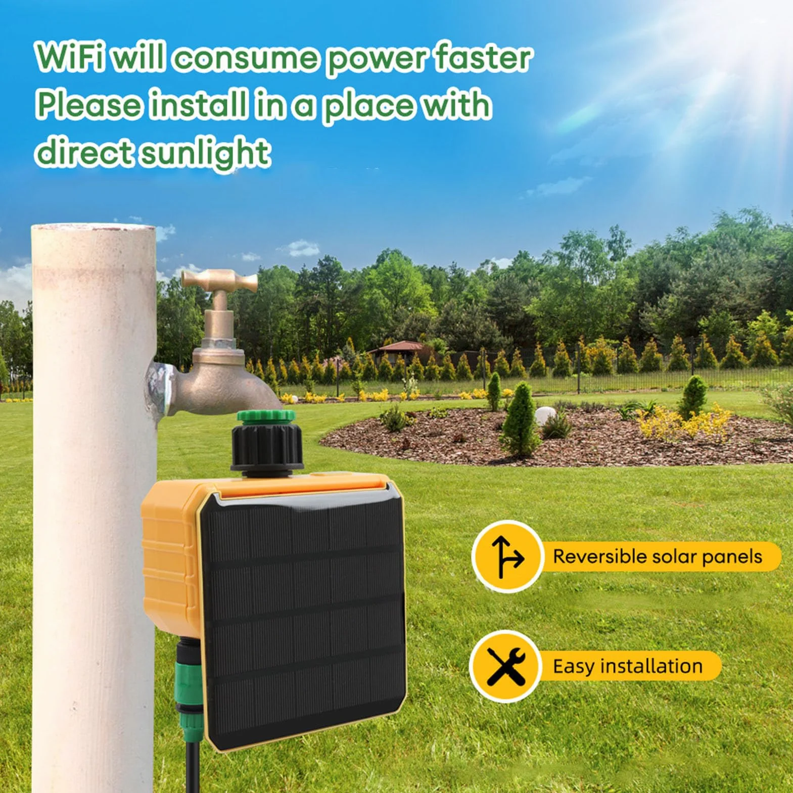Tonysa Solar Watering Timer z Czujnikiem Deszczu i Sterowanie Wi-Fi, Inteligentny Kontroler Nawadniania do Ogrodu, Automatyczny System Podlewania z 2 Punktami Sprzedaży i wbudowaną Akumulator
