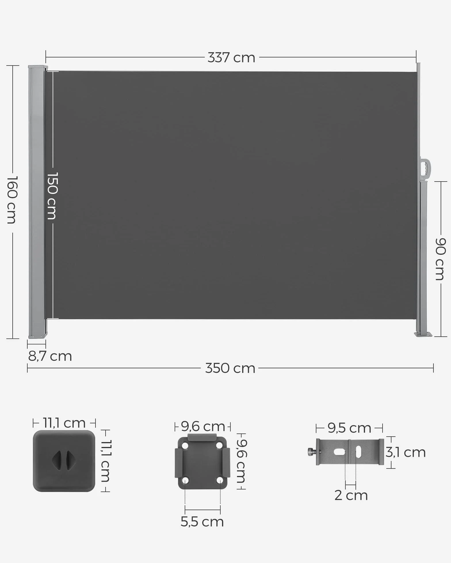 SONGMICS Osłona boczna, wysuwana, 160 x 350 cm, ochrona przed słońcem, nieprzejrzysta roleta zewnętrzna, na taras, do ogrodu, stal, antracytowo-szara GSA165G02