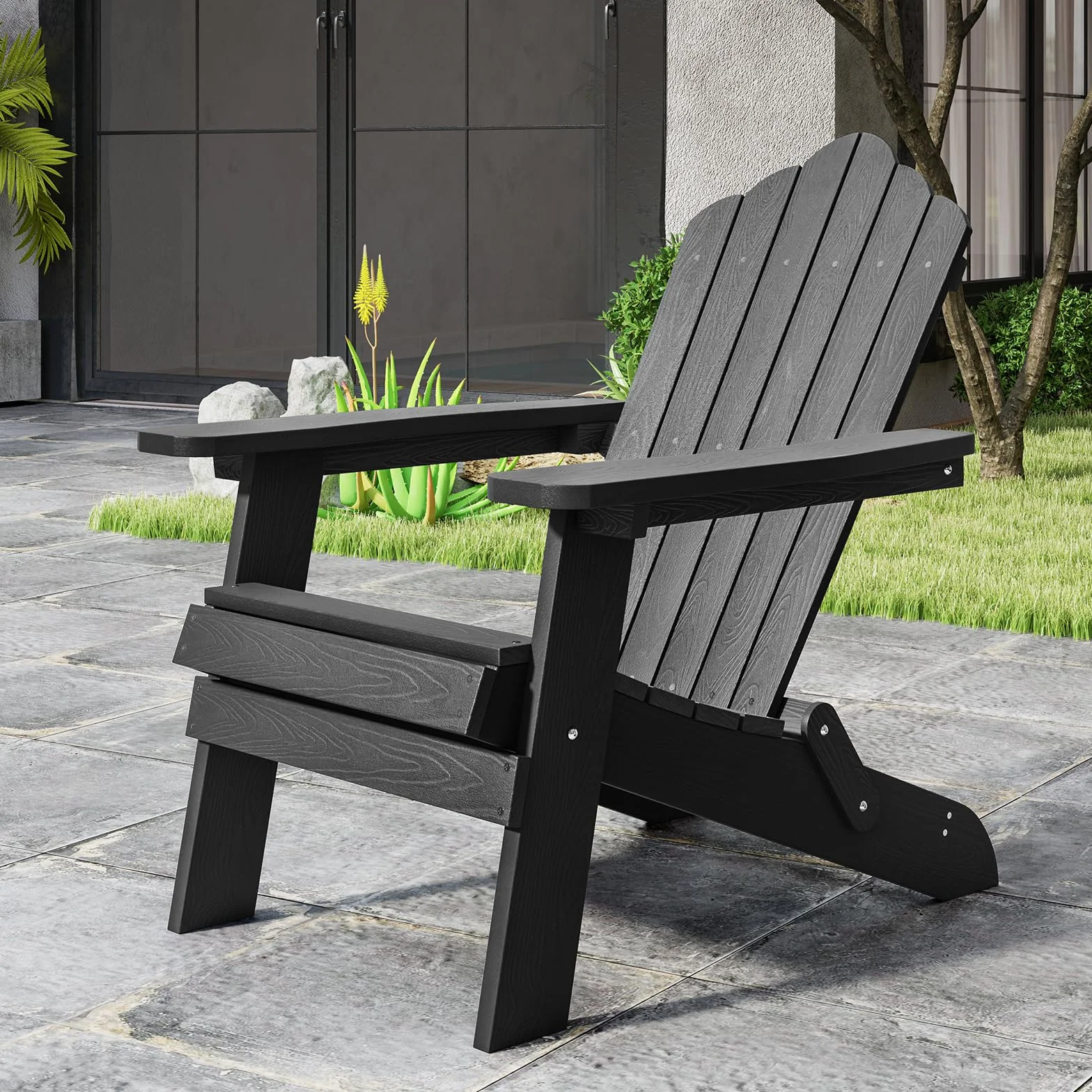 COSTWAY Adirondack krzesło składane, odporne na warunki atmosferyczne Adirondack Chair z tworzywa sztucznego, krzesło ogrodowe z wysokim oparciem i szerokimi podłokietnikami, do ogrodu, na taras,