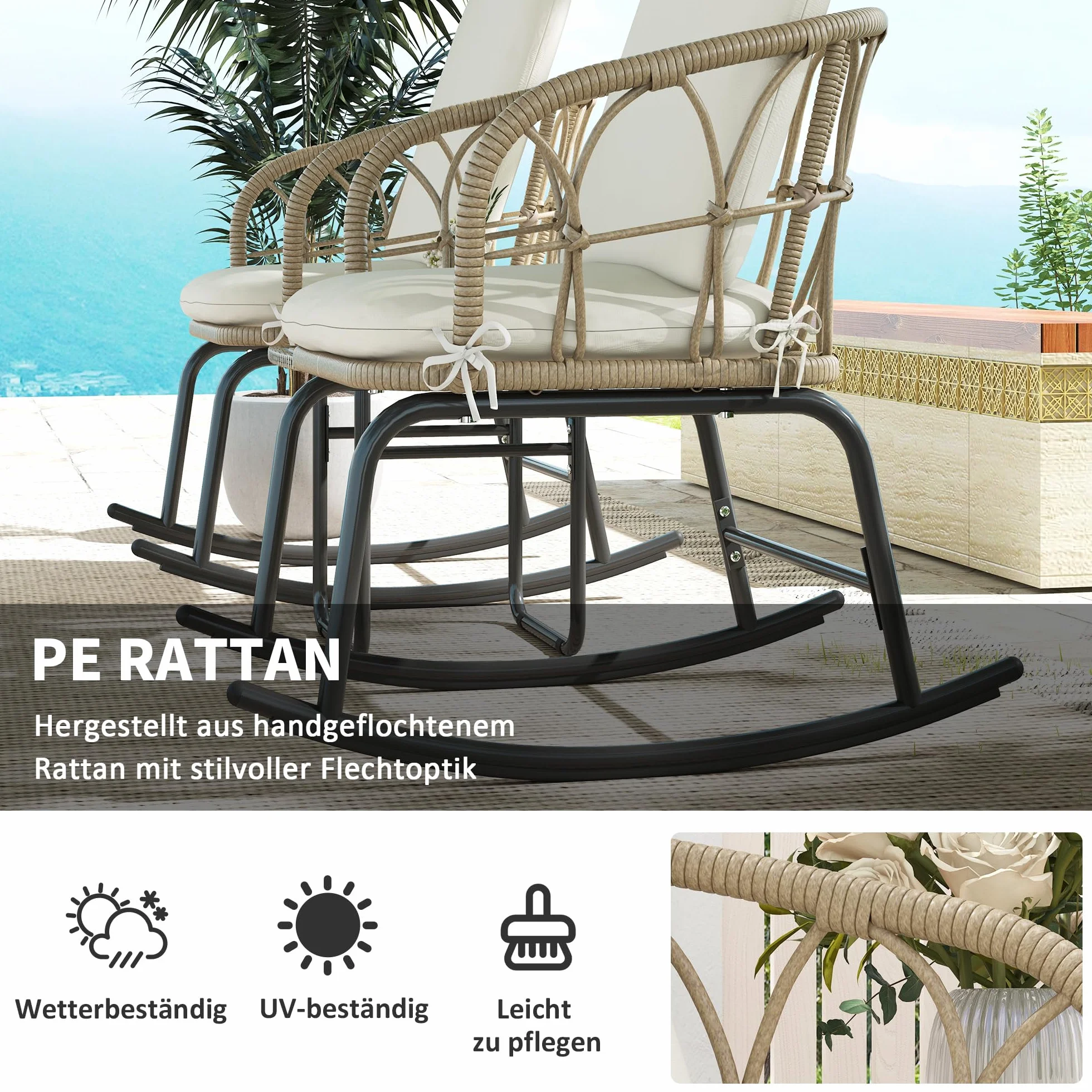 Outsunny 3-częściowy zestaw krzeseł bujanych ze szczurami, zestaw mebli ogrodowych z 2 krzesłami bujanymi, 1 stolik kawowy, zestaw mebli ogrodowych z poduszkami, na balkon, taras, kremowy