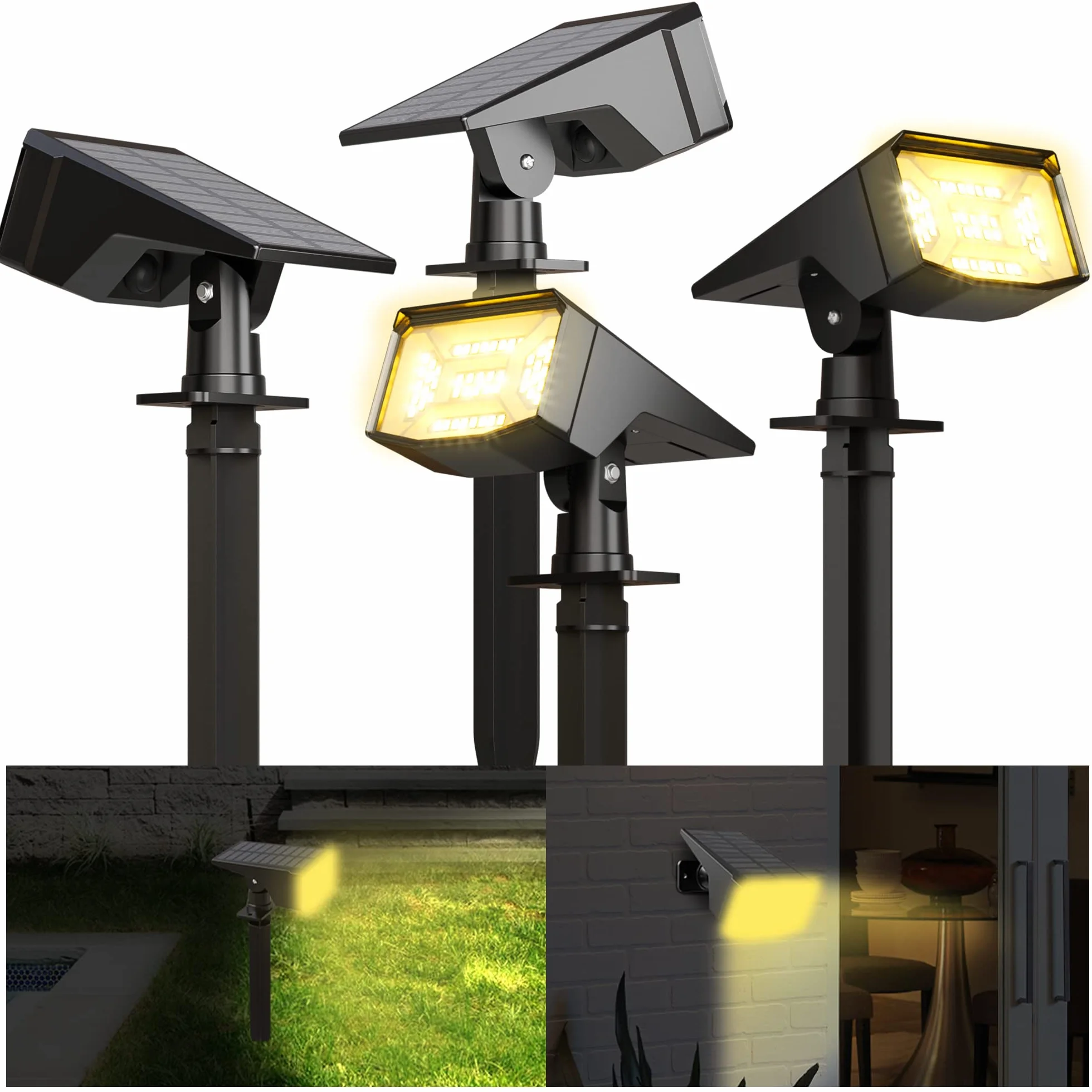 FLOWood Lampy solarne, reflektory solarne o barwie ciepłej bieli 3000 K, opakowanie 4 szt., wodoodporność IP67, do użytku na zewnątrz, 3 tryby jasności, oświetlenie ogrodowe do ogrodu, podwórka