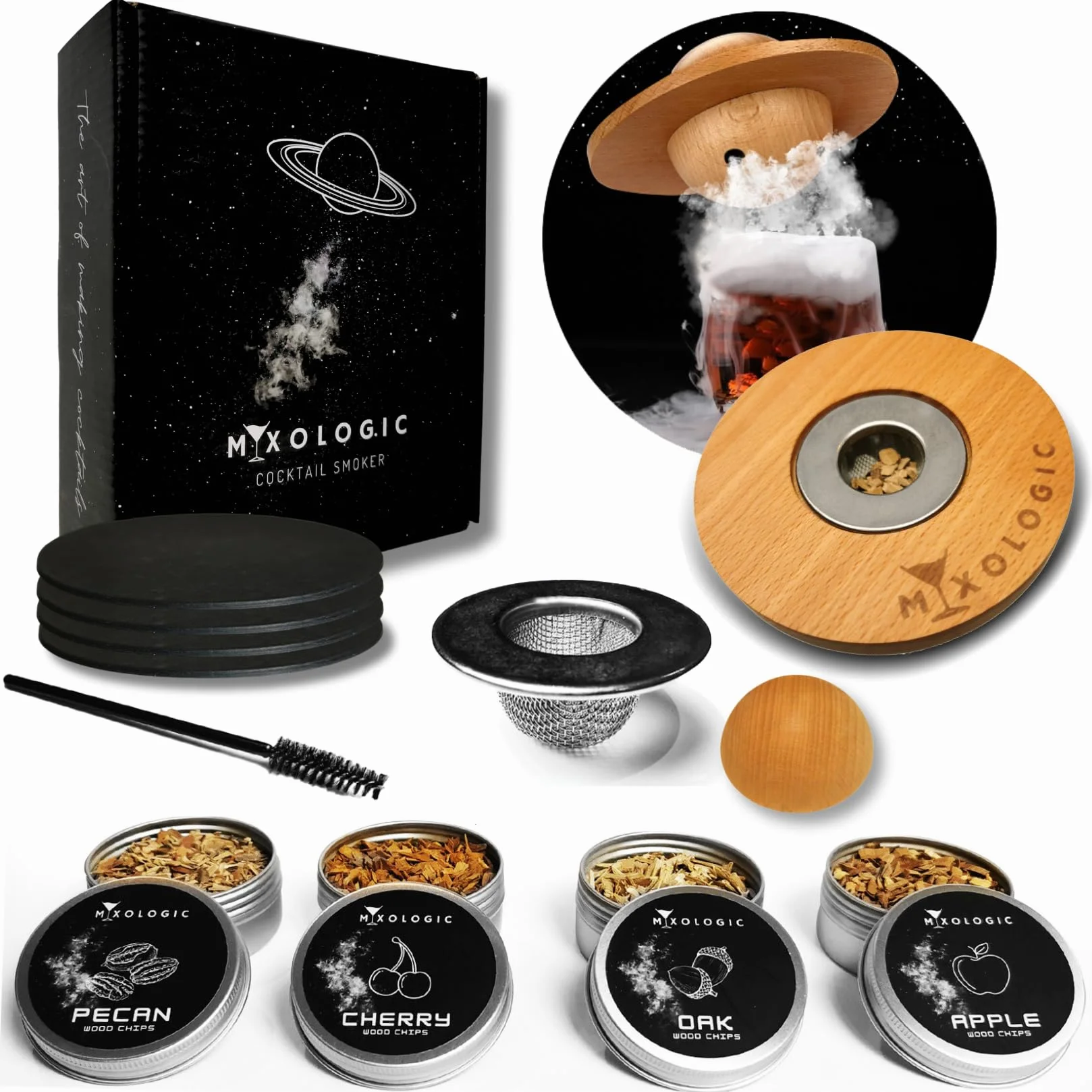 MIXOLOGIC Zestaw do wędzarni koktajlowych, 4 rodzaje wiórów drzewnych, szczotka i 4 szklane pokrywki, staromodny zestaw koktajlowy, wędzarnia whisky do napojów, zaparzacz do dymu whisky, prezent dla