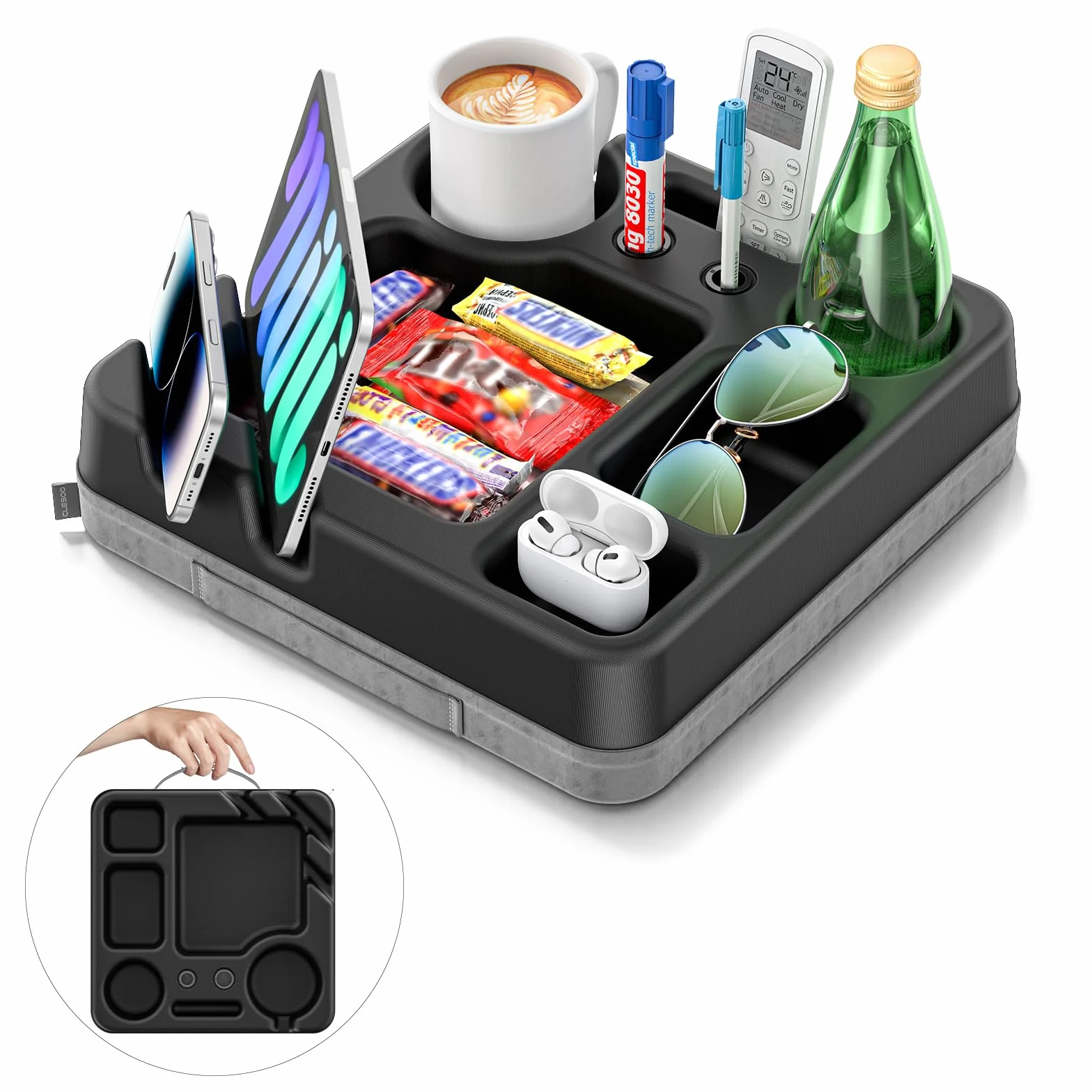 Taca na kubek na kanapę – przenośna sofa łóżko uchwyt na kubek poduszka z tacą na przekąski, zdalny pojemnik, długopis, telefon i tablet - organizer na stół kanapowy na łóżko, sofę, kampera, samochód