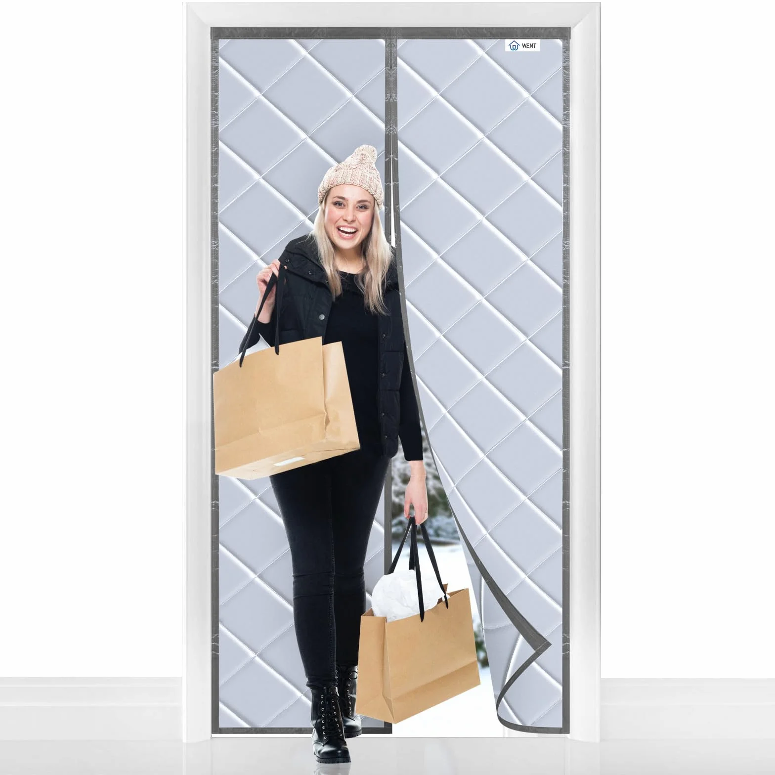 WENT Magnetyczna izolacja termiczna, zasłona na drzwi, 85 x 205 cm, izolowana zasłona na drzwi, na taras, do kuchni, sypialni, salonu, ciężka wiatroszczelna zasłona, szara