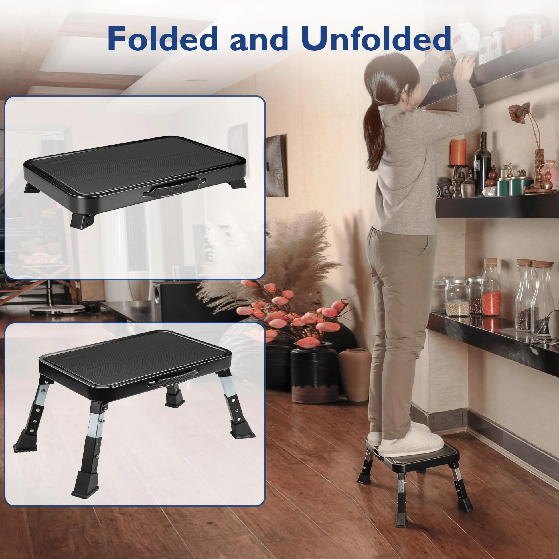 BONTEC Taburete Plegable con Plataforma Antideslizante y Pies de Goma Gruesa, 3 Niveles Ajustable en Altura, Soporta hasta 330 Libras, Ideal para Cocina, Dormitorio y RV