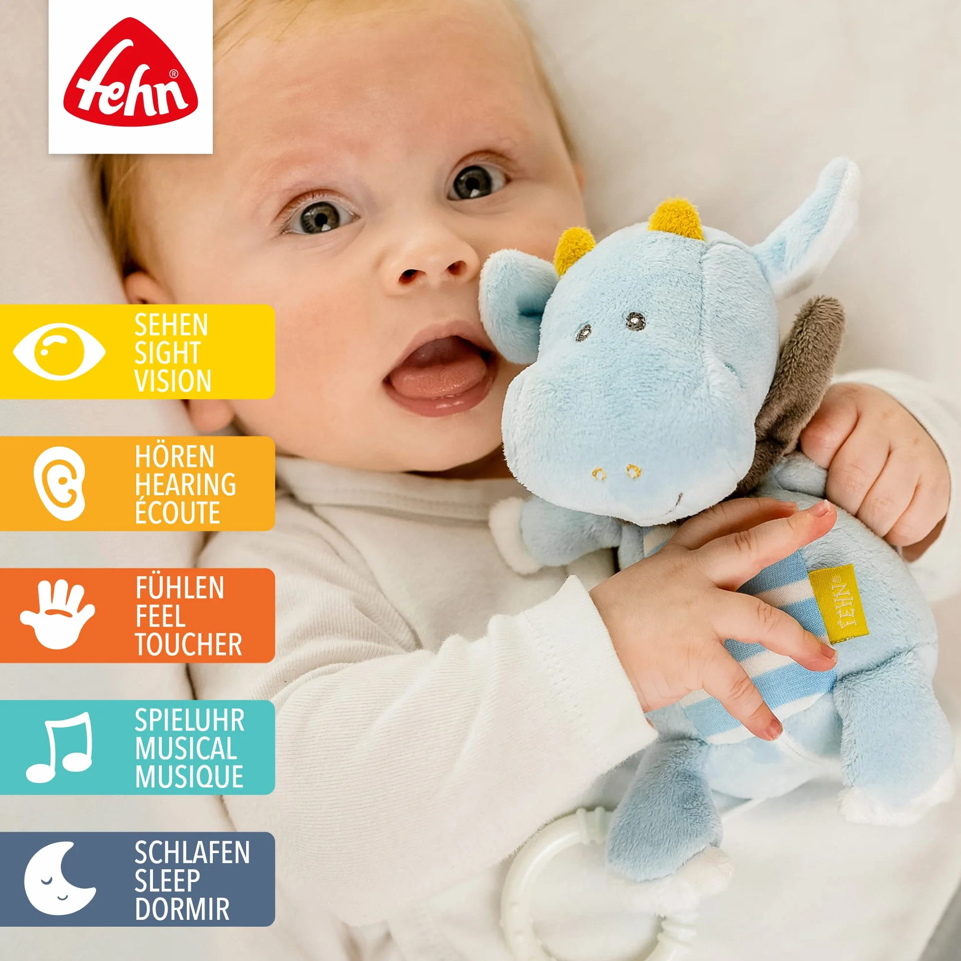 Fehn Pozytywka dla niemowląt, pomoc w zasypianiu, smok – pozytywka z wyjmowanym mechanizmem do zawieszenia – pomoc w zasypianiu melodia "Sleeping Kindlein Schlaf" – zabawka muzyczna dla niemowląt i