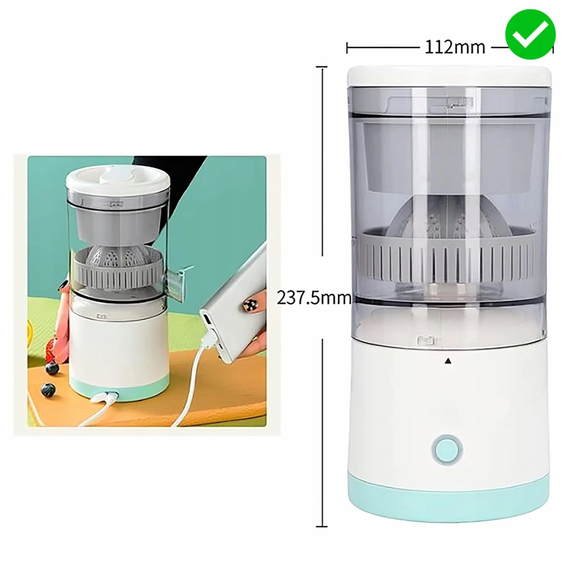 Sokowirówka Wyciskarka Do Owoców i Warzyw, Kompaktowa, 45W, Łatwa Do Czyszczenia, 400ml, Do Arbuzów, Grejpfrutów, Jabłek, Zasilanie USB, Przenośna i Wydajna, ABS, Wysokoobrotowa