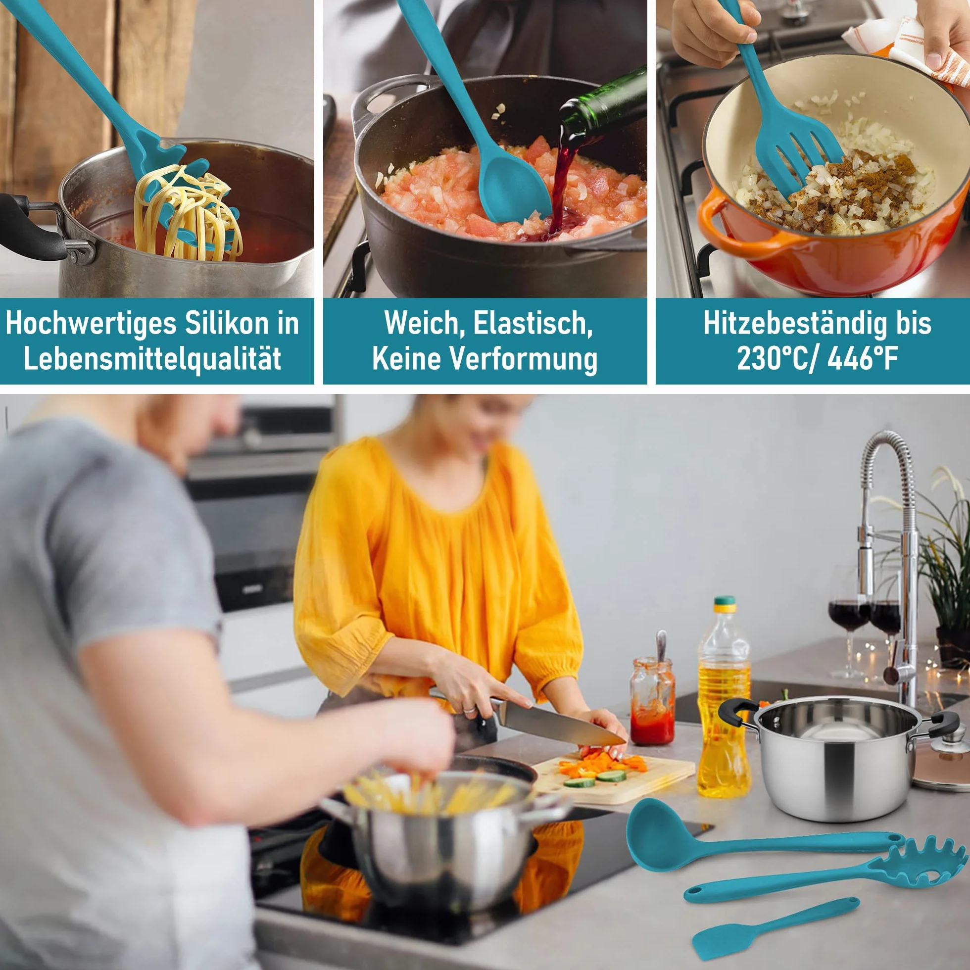 Zestaw przyborów kuchennych, Joyfair 9-częściowy zestaw silikonowych przyborów kuchennych, odporny na wysoką temperaturę zestaw do gotowania z szufelką, trzepaczką, szczypcami do grilla