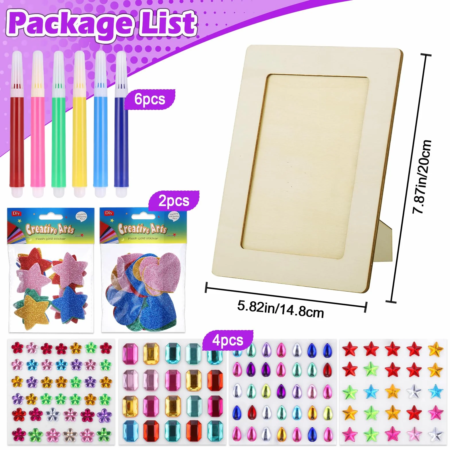Fentar Zestaw ramek do zdjęć DIY dla dzieci, 4 szt. drewniane ramki artystyczne dla dzieci z brokatowymi naklejkami i kolorowymi ołówkami, ramki do zdjęć do dekoracji, zestawy do malowania własnych