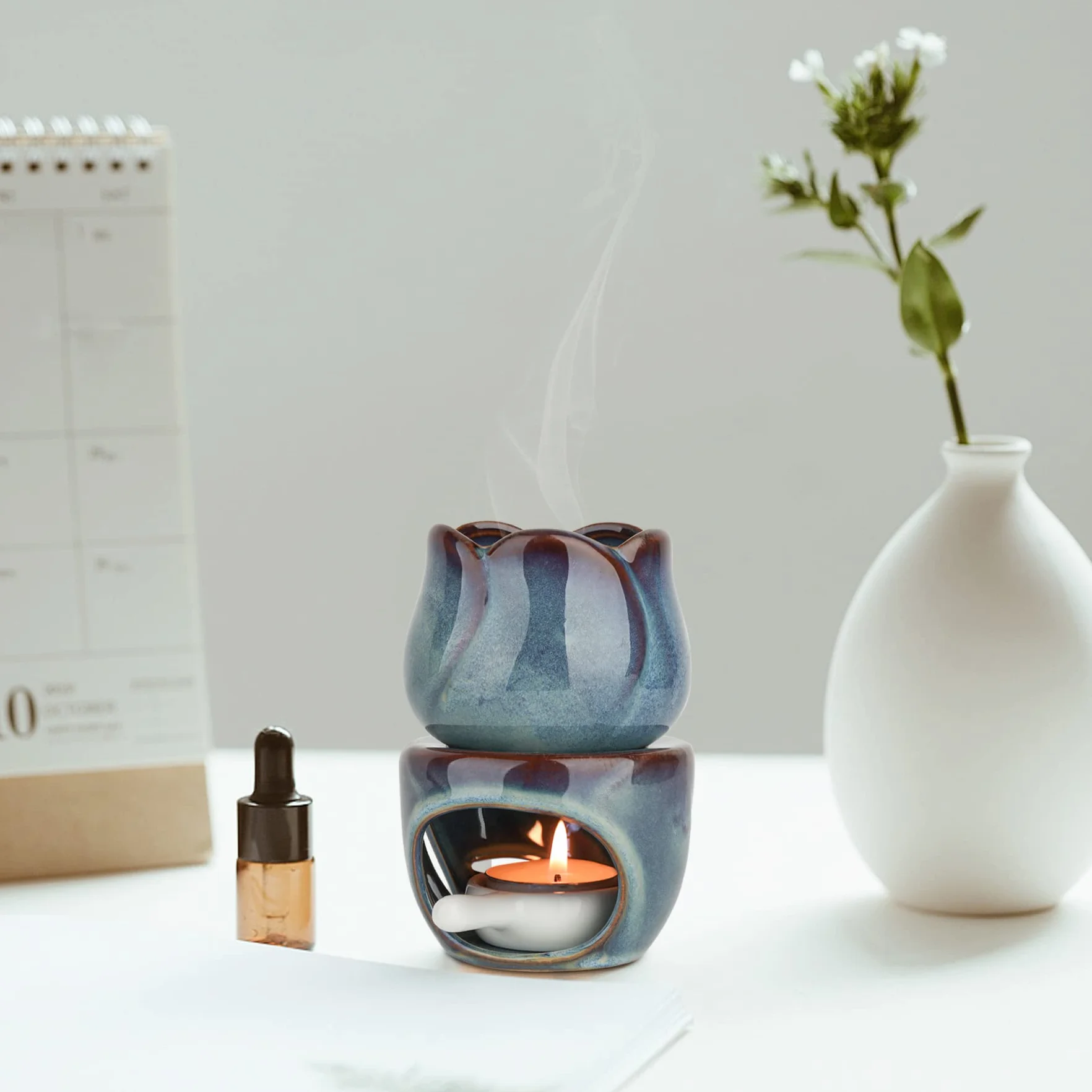 ComSaf Palnik olejków eterycznych z łyżeczką do podgrzewania, zdejmowany palnik do aromaterapii, niebieski, ceramiczny dyfuzor zapachowy, podgrzewacz do świec, podgrzewacz do domu, sypialni, dekoracja