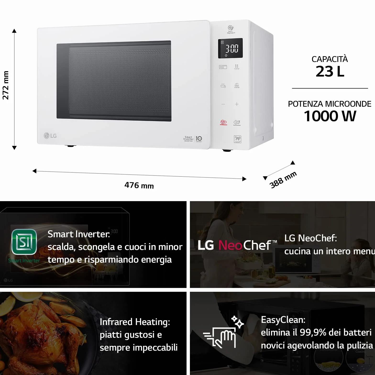 LG Electronics LG, MH6336GIH, kuchenka mikrofalowa z inteligentnym inwerterem i grillem kwarcowym, 23 litry, 1000 W, automatyczne programy, 5 regulowanych poziomów mocy, biała