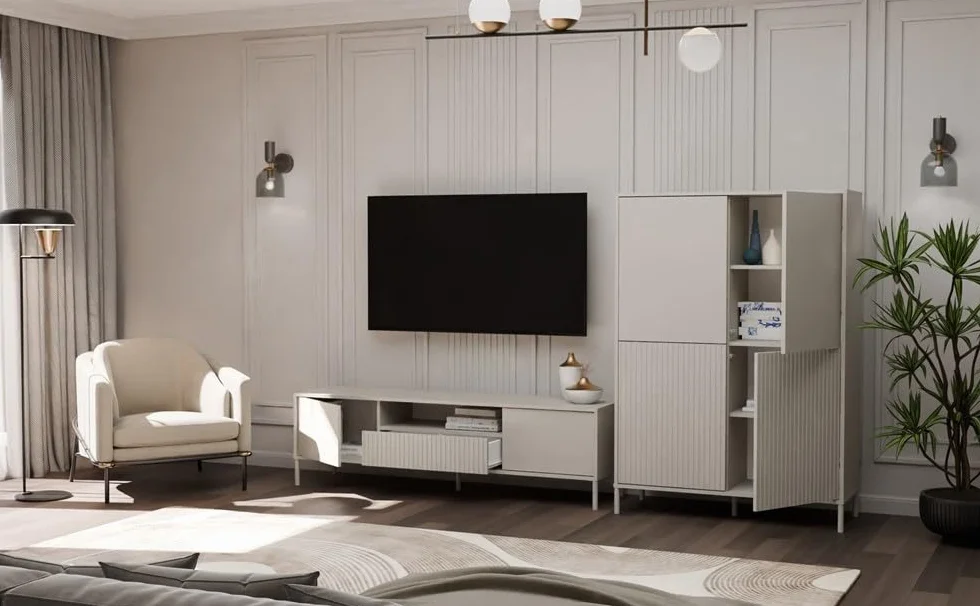 ADGO – Szafka RTV – Kaszmir – 164 x 47 x 40 cm (szer. x wys. x głęb.) – Szafka pod Telewizor z Szufladą, Drzwiczkami i Półką do Salonu – Ryflowany Front – Model KAMARO 160