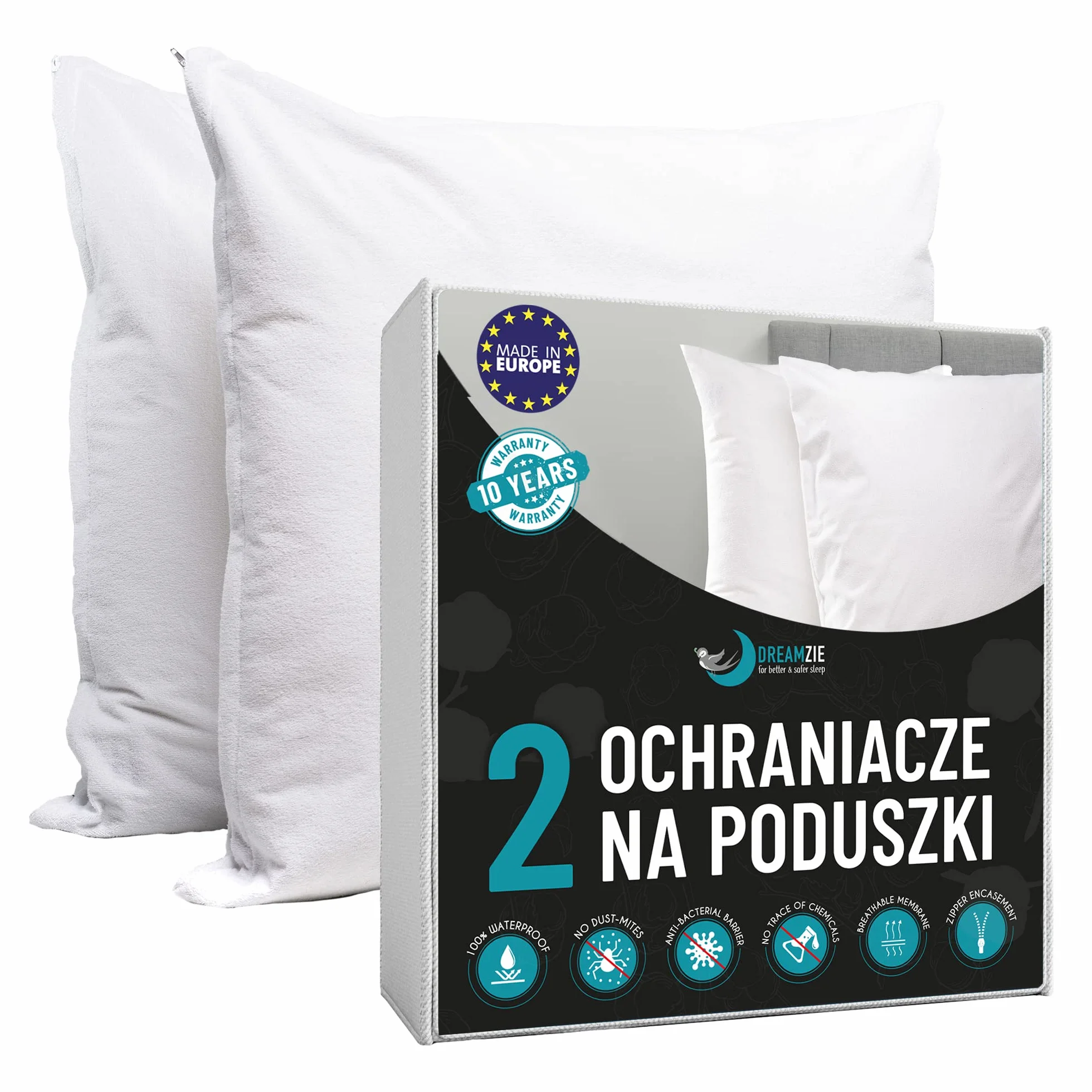 Dreamzie Poszewka na poduszkę, wodoszczelna, bawełna, z certyfikatem Oeko Tex®, z zamkiem błyskawicznym, oddychająca, hipoalergiczna, antybakteryjna, ochrona przeciw roztoczom, 40 x 80 cm, 2 szt.