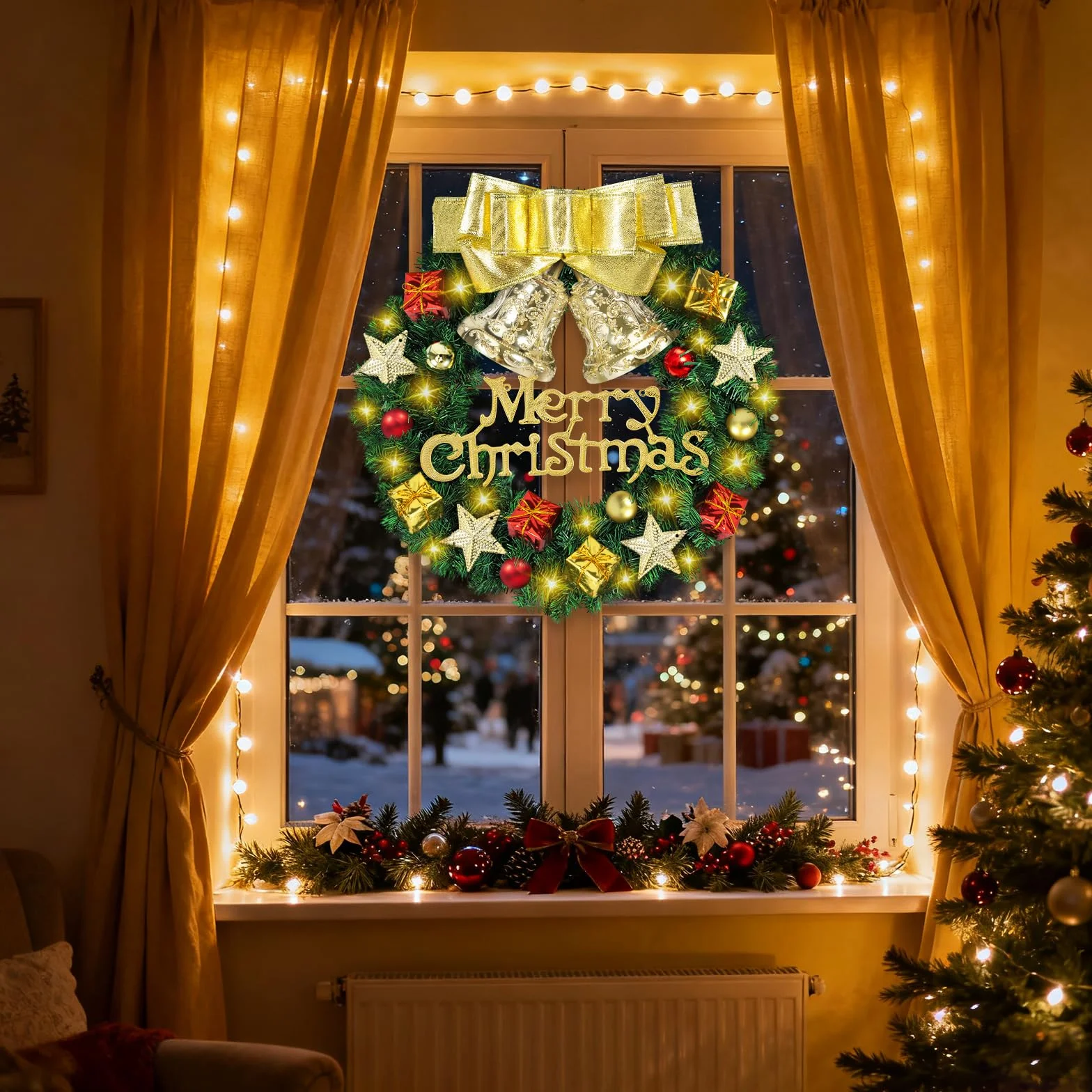 Wieniec świąteczny GLOSKIN 30 cm, wyposażony w 1 złotą kokardkę, 2 złote dzwonki, 4 jasne pięcioramienne gwiazdki i 30 ciepłych białych diod LED. Dekoracja wieńca świątecznego