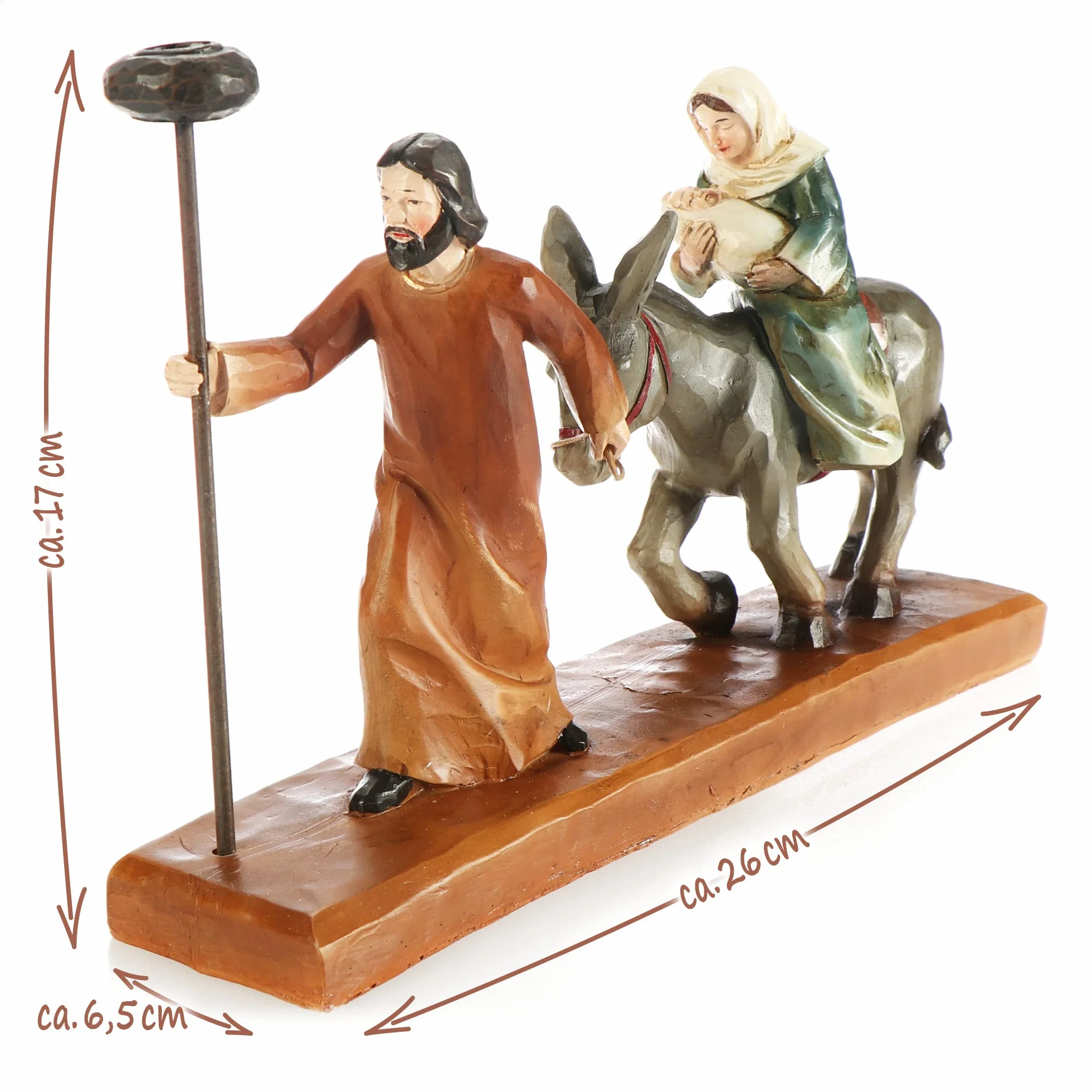 COM-FOUR® figurki bozonarodzeniowe ze swiecznikami - Chrzescijanskie ozdoby swiateczne - ekspozycja polyresin - Maryja, Józef i Jezus na osiolku - Ucieczka do Egiptu (Jaselka - braz)