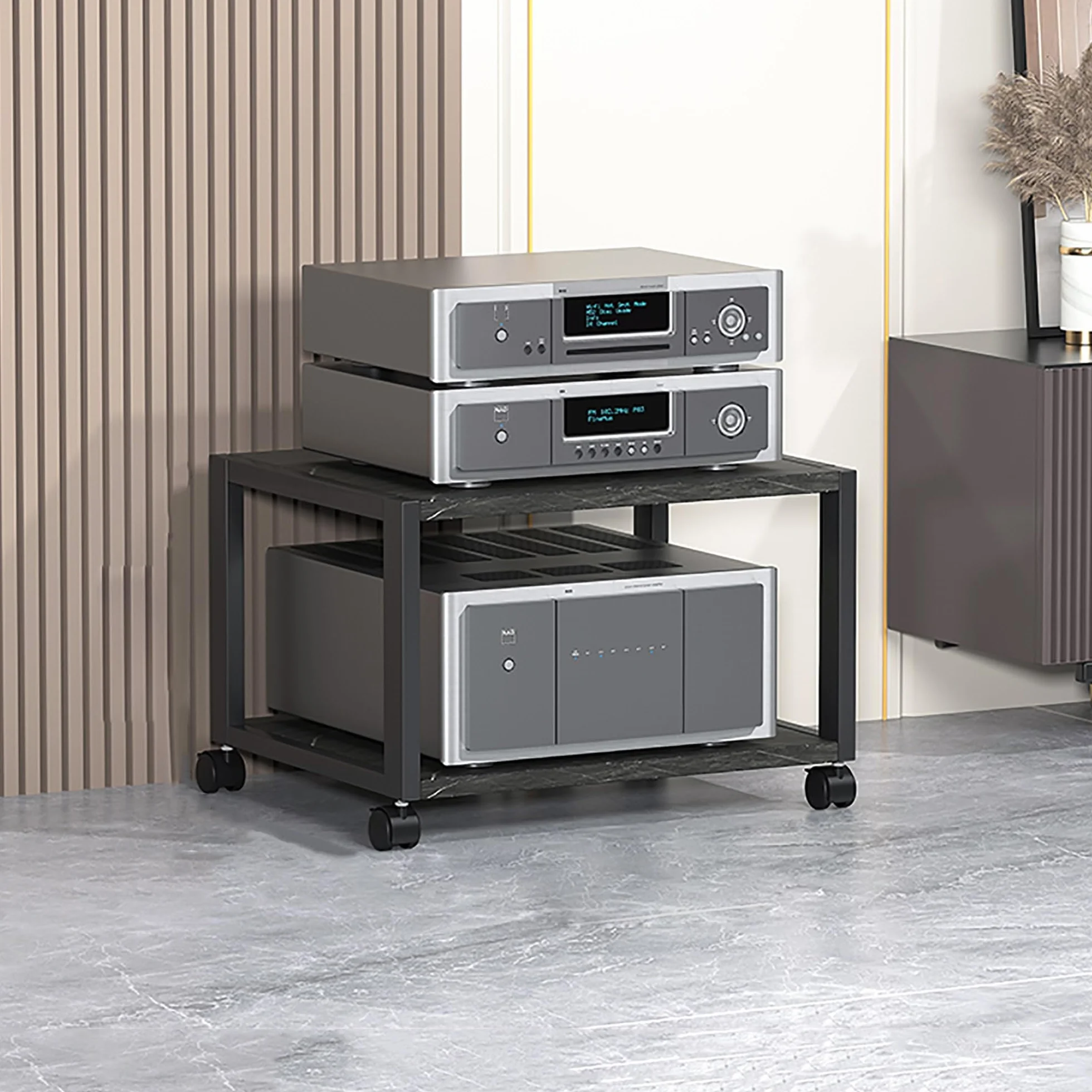 Stojak stereo i szafka audio, 2-5-poziomowy stojak multimedialny z regulowanymi półkami, narożny zestaw rozrywkowy na telewizor i sprzęt do gier, mała konsola multimedialna(Black,50x40x49cm)