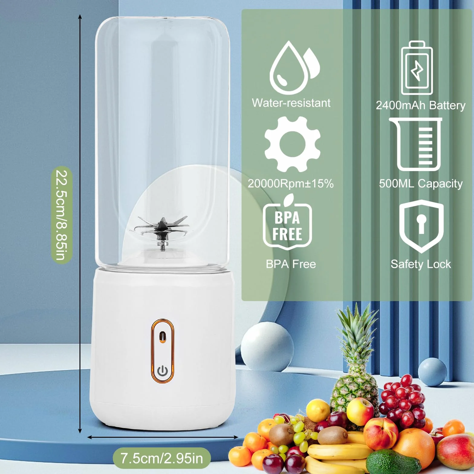 Euakee Przenośny blender 500 ml Mini blender USB z akumulatorem do świeżych soków i koktajli, przenośny mini blender z 7 ultra ostrymi ostrzami, do domu, biura, podróży, siłowni