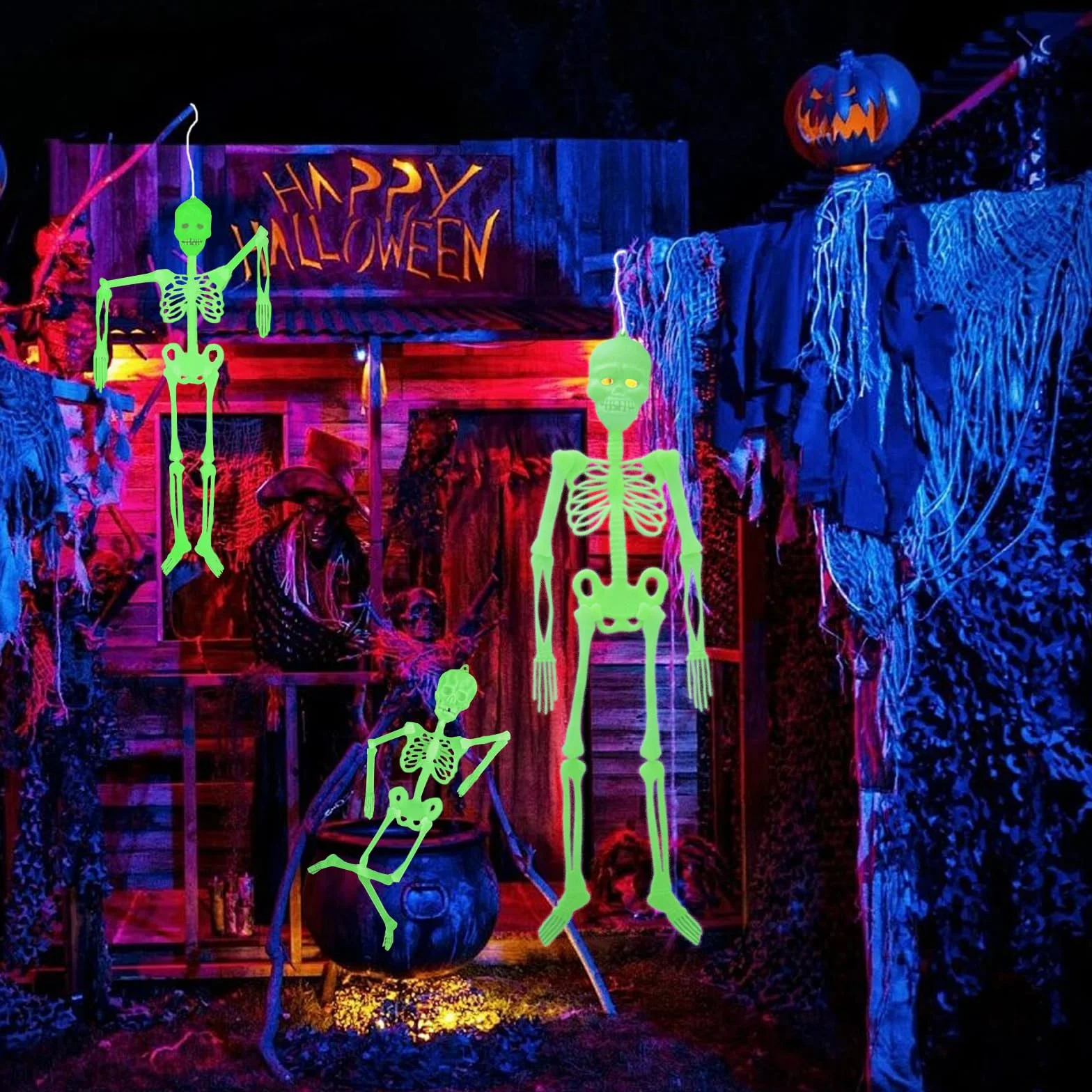 3 sztuki dekoracja na Halloween, świecący szkielet, realistyczne ludzkie szkielety, 3D, straszna dekoracja na Halloween, do ogrodu, straszna impreza tematyczna w pomieszczeniach