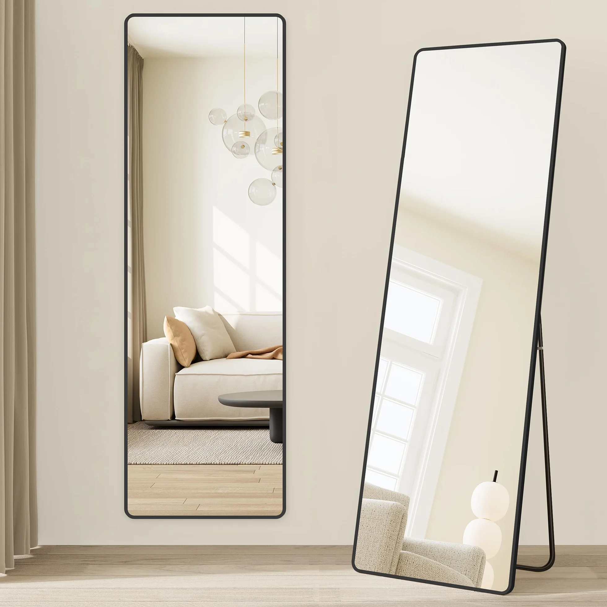 SONGMICS Pełne lustro 160x50cm Prostokątne lustro stojące Rama ze stopu aluminium Szkło hartowane do sypialni Salon Szafa Atrament Czarny LFM030B01