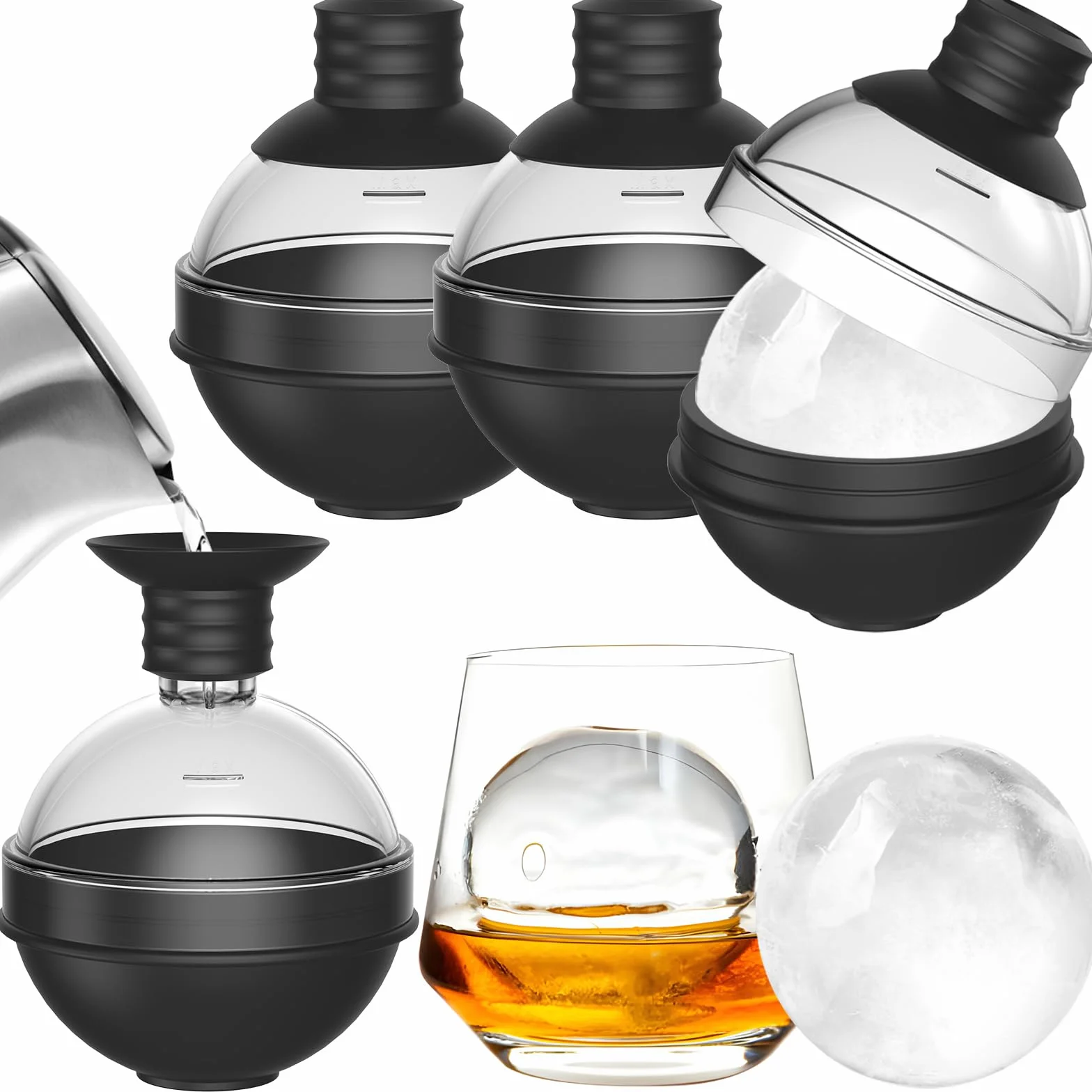 Duża Forma do Lodówki z Silikonu na Whisky Zestaw 4 szt. z Wieczkiem Trichterowym 2 w 1 - Formy na Kuleczki o Średnicy 6 cm do Koktajli