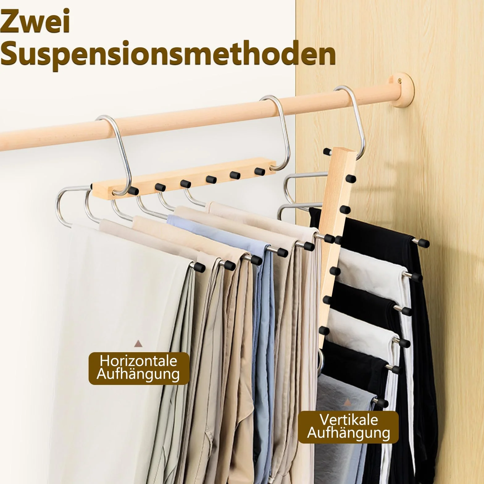 Naturalny wieszak na spodnie, drewniany, nie zajmuje dużo miejsca, 2 sztuki, wielofunkcyjny, składany, do szalików, dżinsów i spodni z antypoślizgową powierzchnią