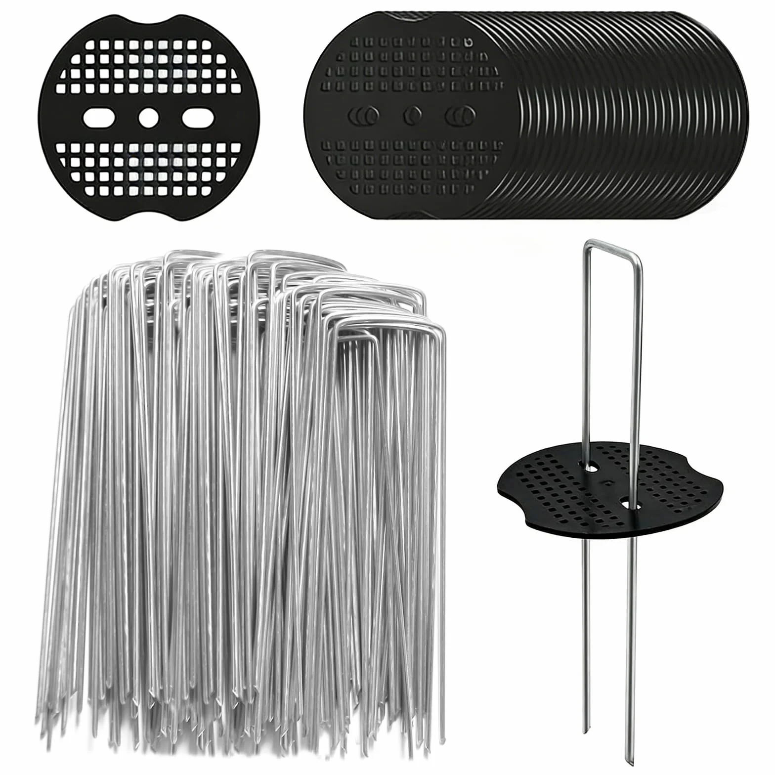 60 sztuk haczyków do kotwicy gruntowej, 60 śledzi + 60 krążków buforowych (150 x 40 mm, Ø 2,5 mm), ocynkowane śledzie ogrodowe w kształcie litery U, zestaw haczyków do mulczowania sztucznej