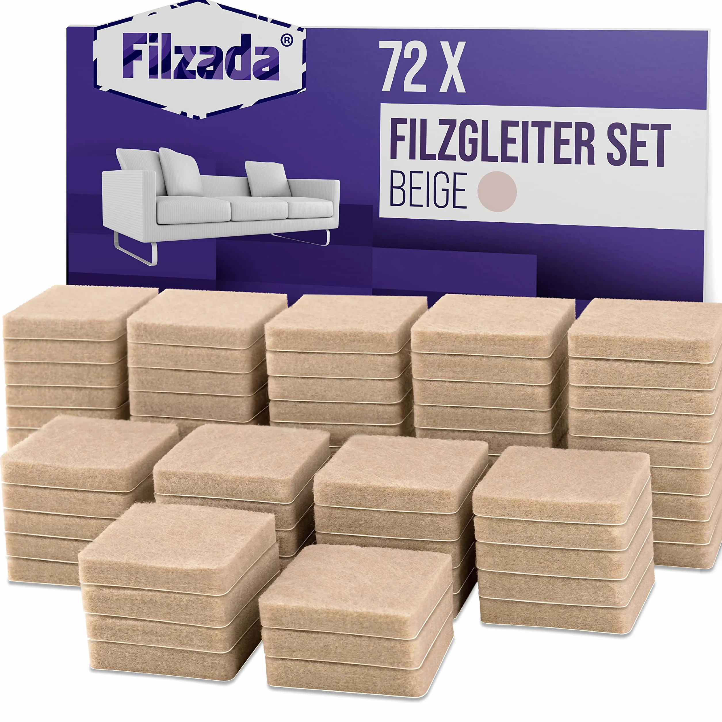 Filzada® 72x filcowe podkładki samoprzylepne - kwadrat 25 x 25 mm - beżowe - profesjonalne filcowe podkładki meblowe o idealnej sile klejenia
