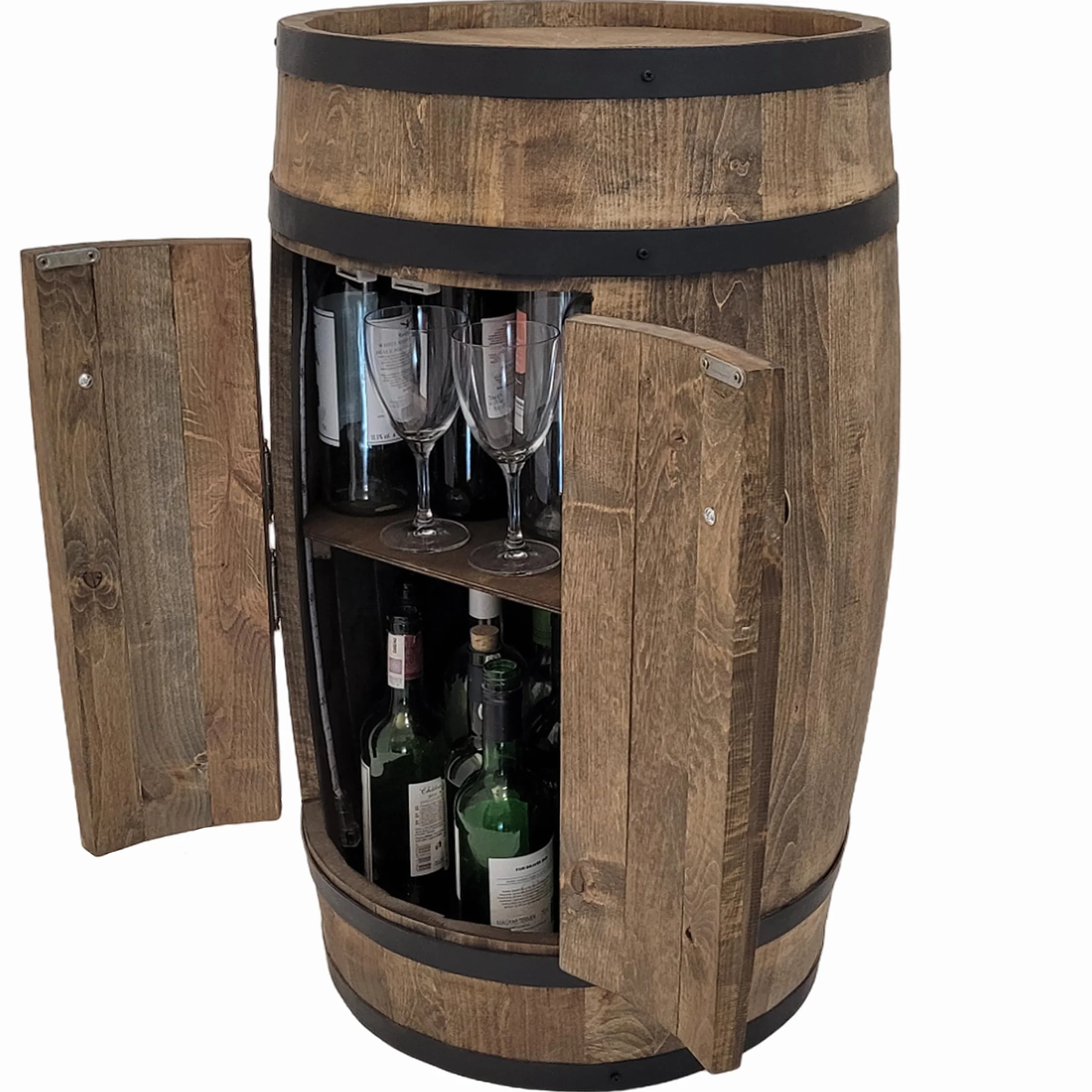 Barek z 2 drzwiczkami, drewniana beczka XL na wino – ręcznie robiony regał na butelki bar vintage, szafka na whisky, piwo, wino, prezent dla mężczyzny