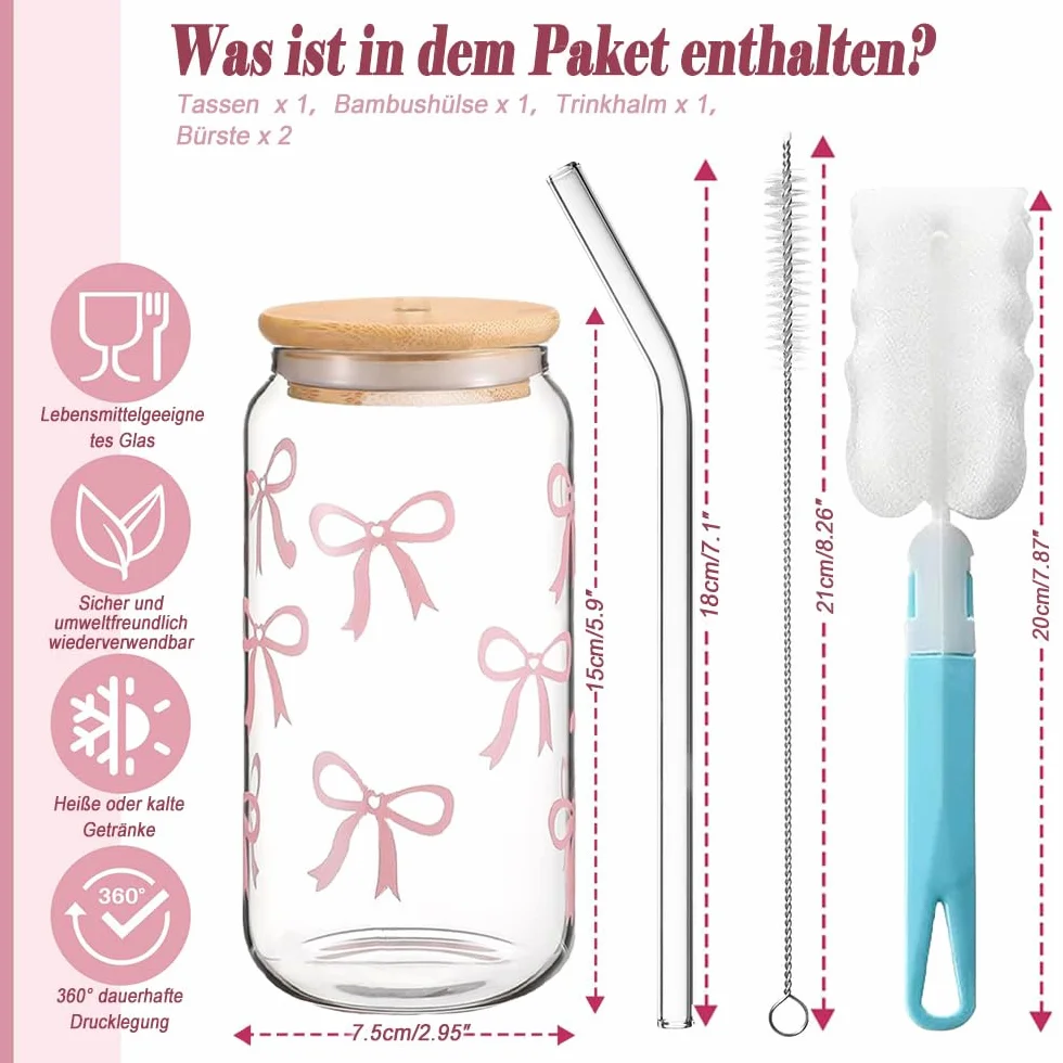 Szklanka do picia ze słomką i pokrywką 200 ml, szkło do matchy z motywem kokardki, kubek Bubble Tea