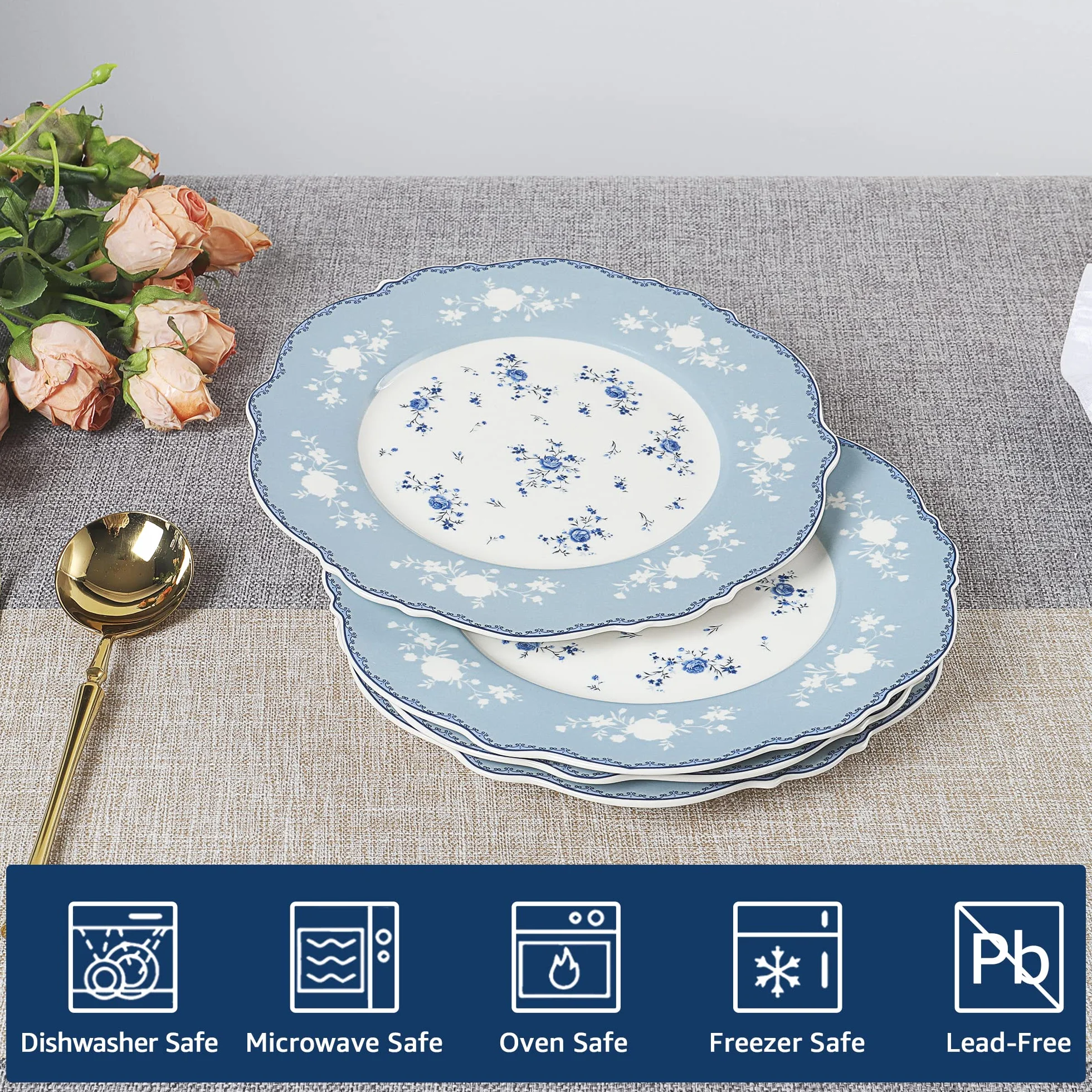fanquare Zestaw 4 porcelanowych talerzy deserowych, 20,8 cm, małe talerze ceramiczne, niebieskie kwiaty, zestaw naczyń ze złotym brzegiem