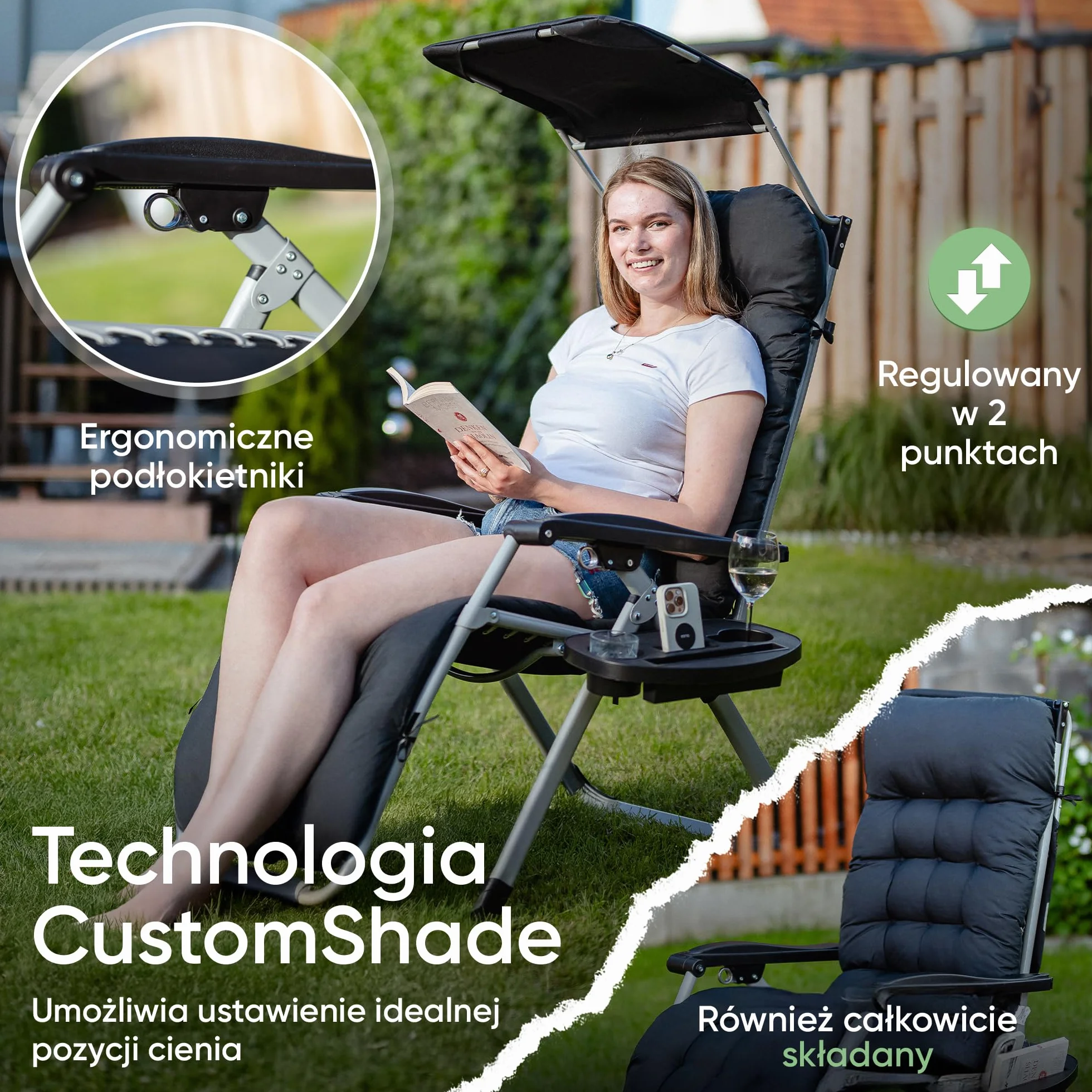 NatureLiving® Składany Leżak Ogrodowy – Solidny, Składany i Odporny na Warunki Atmosferyczne – Leżak z Daszkiem do Ogrodu i na Balkon, Leżak Outdoor Relax, Udźwig do 200 kg (czarny)