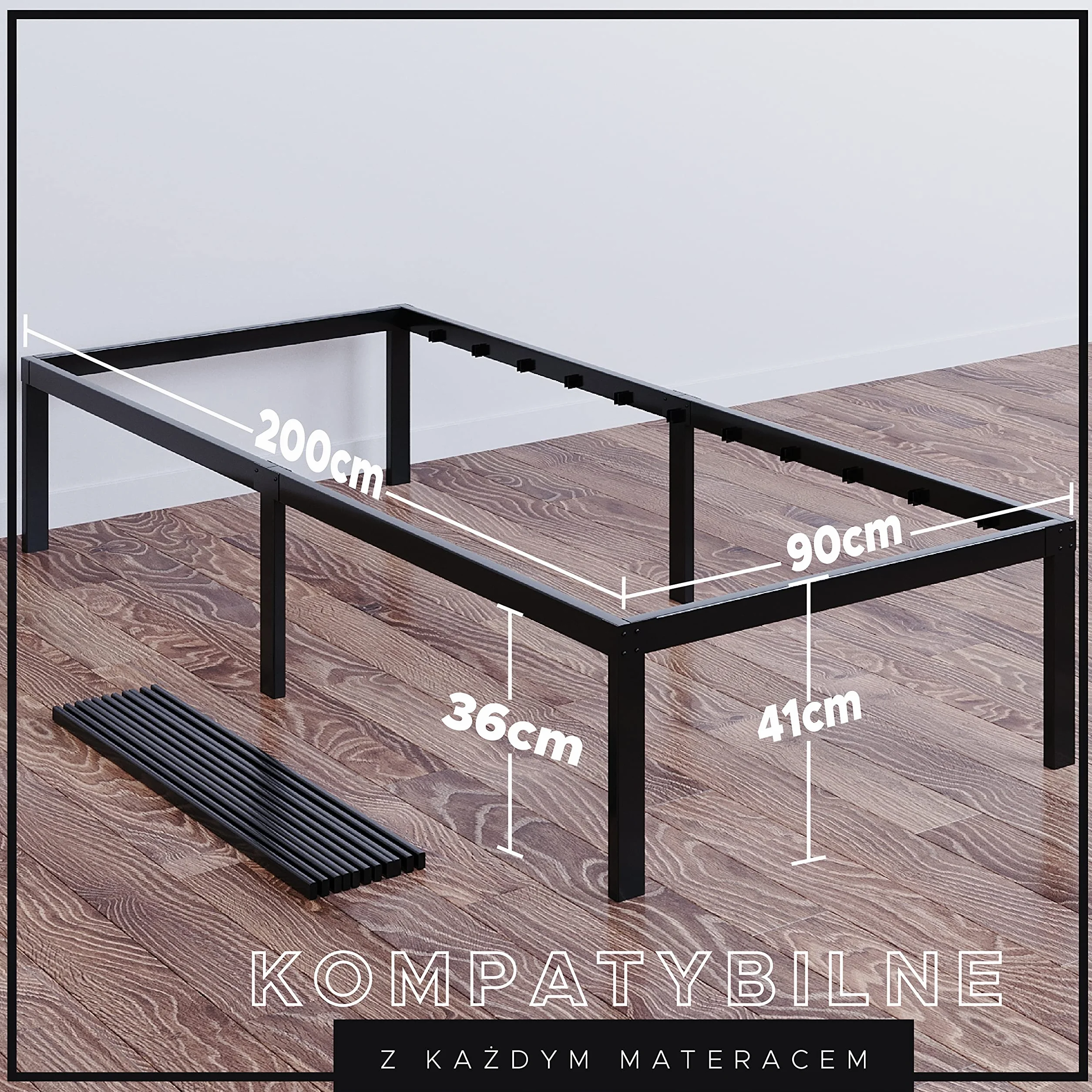 Dreamzie metalowe łóżko – Dla Materaca 90x200 cm - łóżko do materaca, podwójne, wytrzymałe, łatwy montaż, obszerne miejsce do przechowywania – czarny stelaż