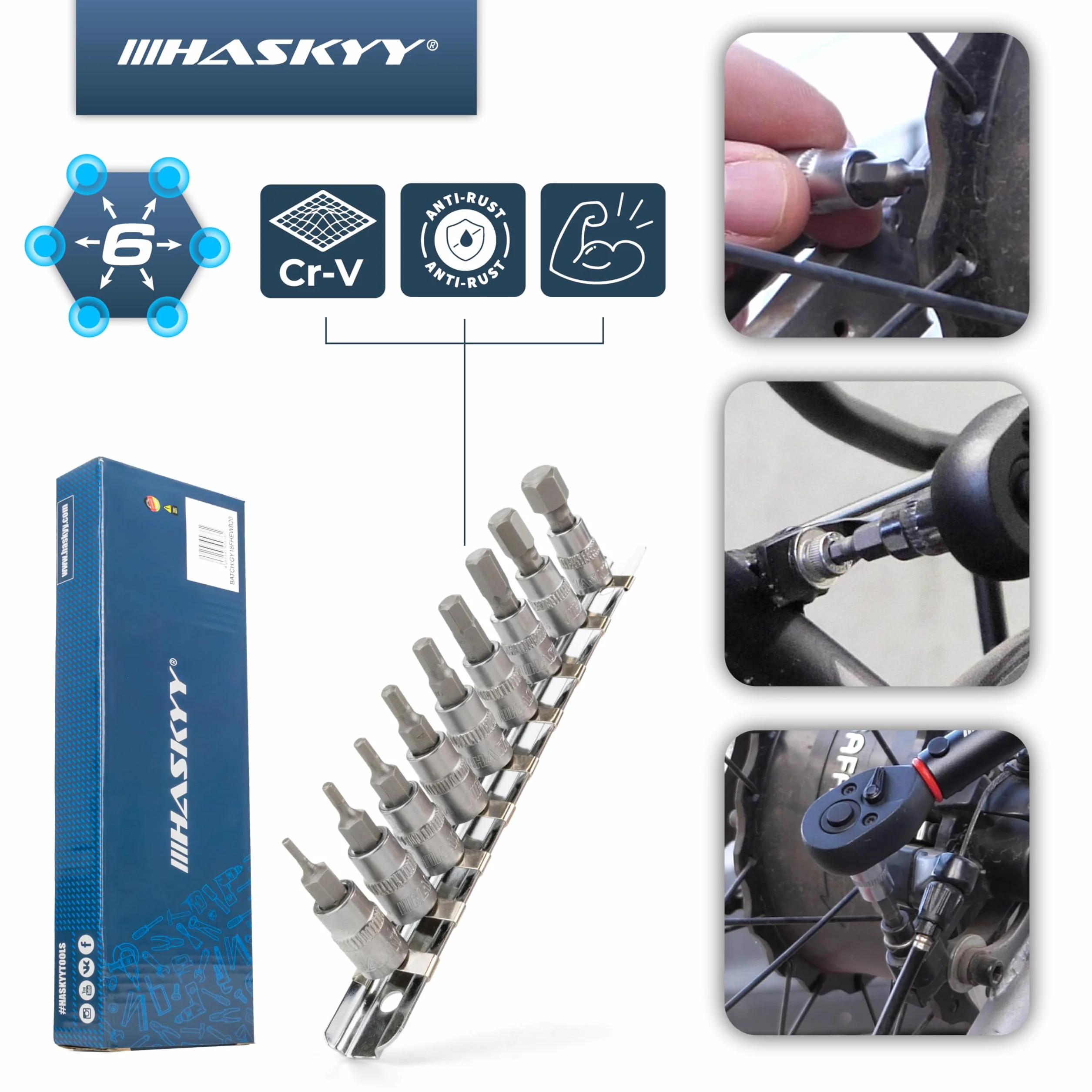 HASKYY Zestaw 9 elementów Bitów Imbusowych 1/4" H2-H10 Nasadki Sześciokątne, Klucze Imbusowe, Bity do Wkrętarki i Klucza Nasadowego