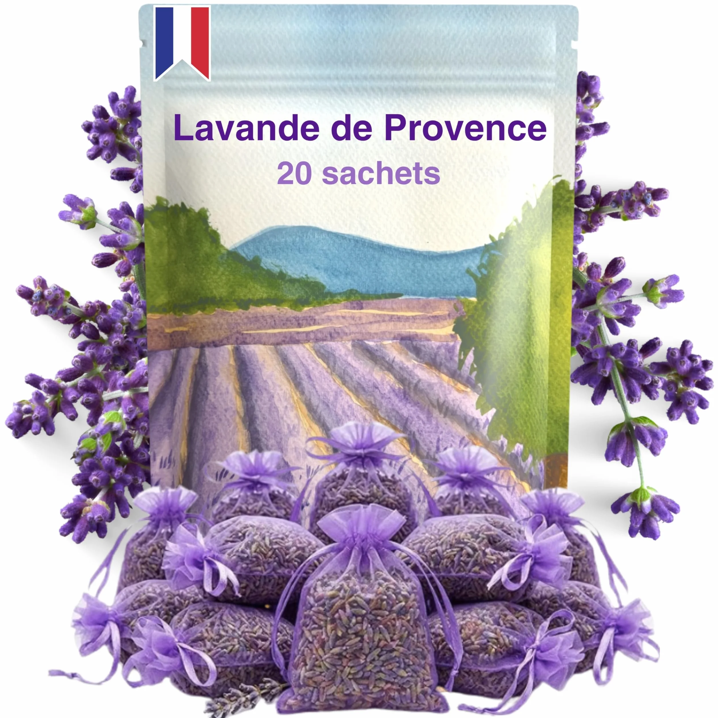 LAVENS | 20 pachnących torebek z lawendą | Origine Provence Francja | 120 G | Torba zapachowa do szafki, na pranie i szafę. Wysokiej jakości suszona lawenda o intensywnym zapachu.