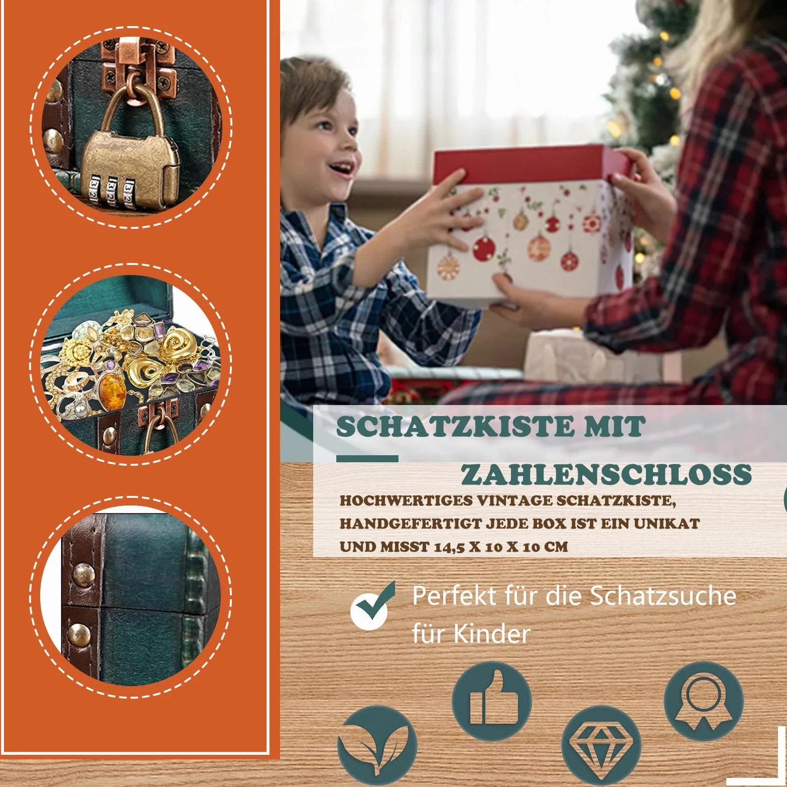 Drewniana skrzynia na skarby w stylu vintage, mała skrzynka z zamkiem szyfrowym, retro, do przechowywania i dekoracji (brązowa)