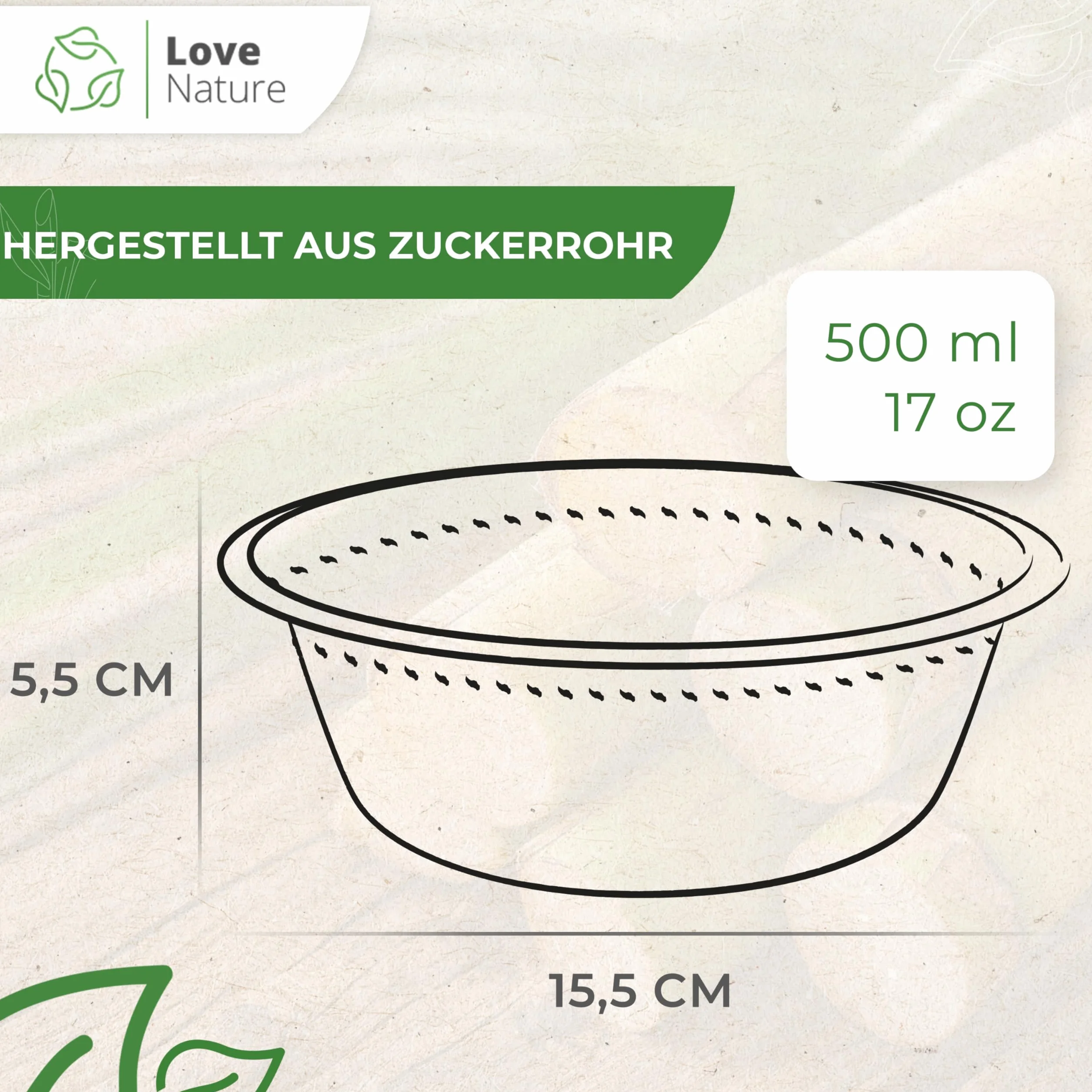 Love Nature Miski Jednorazowe z Pulpy Trzciny Cukrowej 500 ml 10 sztuk Ekologicznych Biodegradowalnych