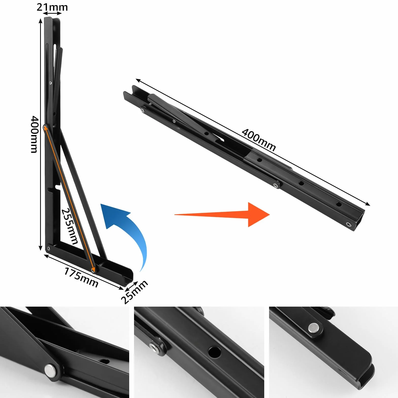 2 sztuki składanej konsoli, do dużych obciążeń, 400 mm, zawiasy składane, czarne, metalowe, składane, maksymalne obciążenie 80 kg, regał ścienny, wsparcie regału do domu, kuchni, 2 sztuki