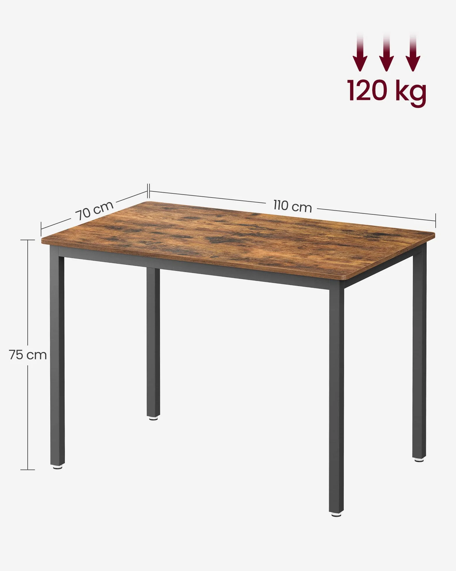 VASAGLE Stół jadalny, stół kuchenny, 70 x 110 x 75 cm, dla 4 osób, do salonu, biurko, do jadalni, kuchnia, wzornictwo przemysłowe, vintage brązowo-czarny KDT081B01