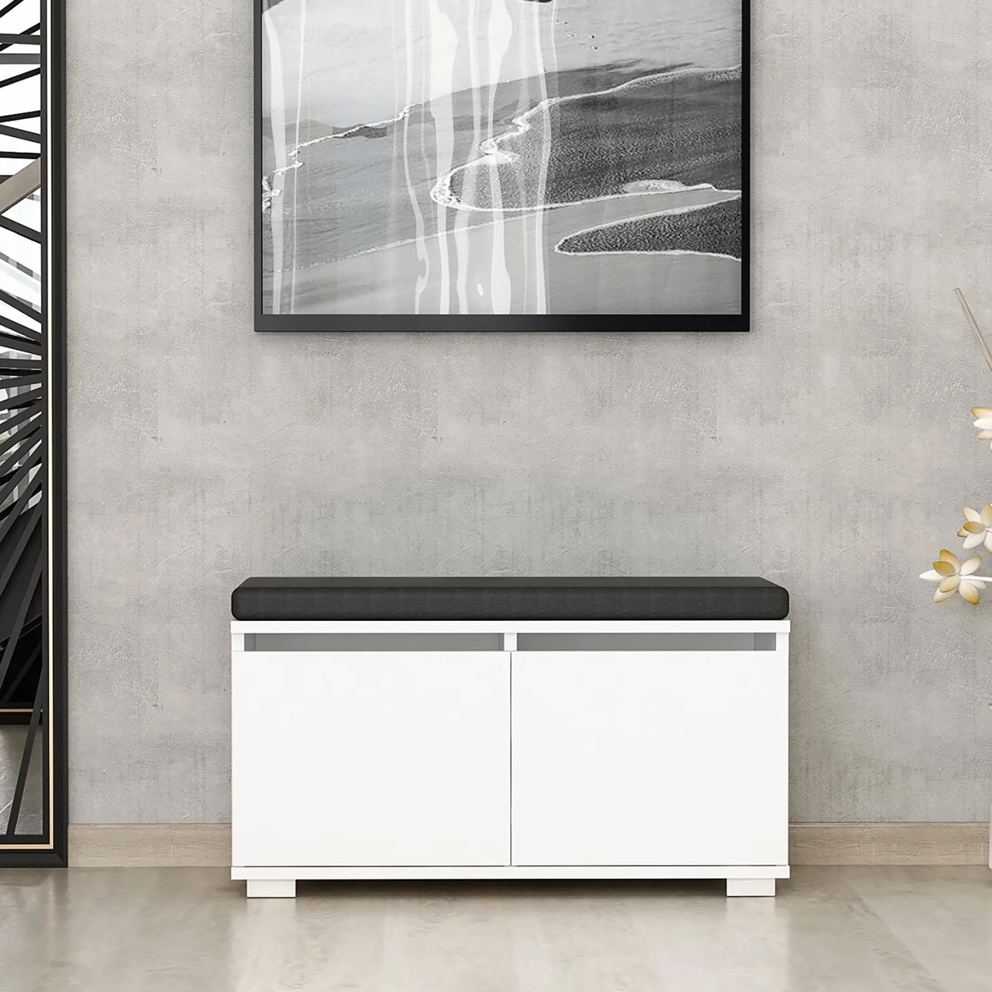 [en.casa] Szafka na buty z 4 półkami, ławka do siedzenia z siedziskiem 42 x 80 x 35 cm, szafka na buty z poduszką do siedzenia, biała