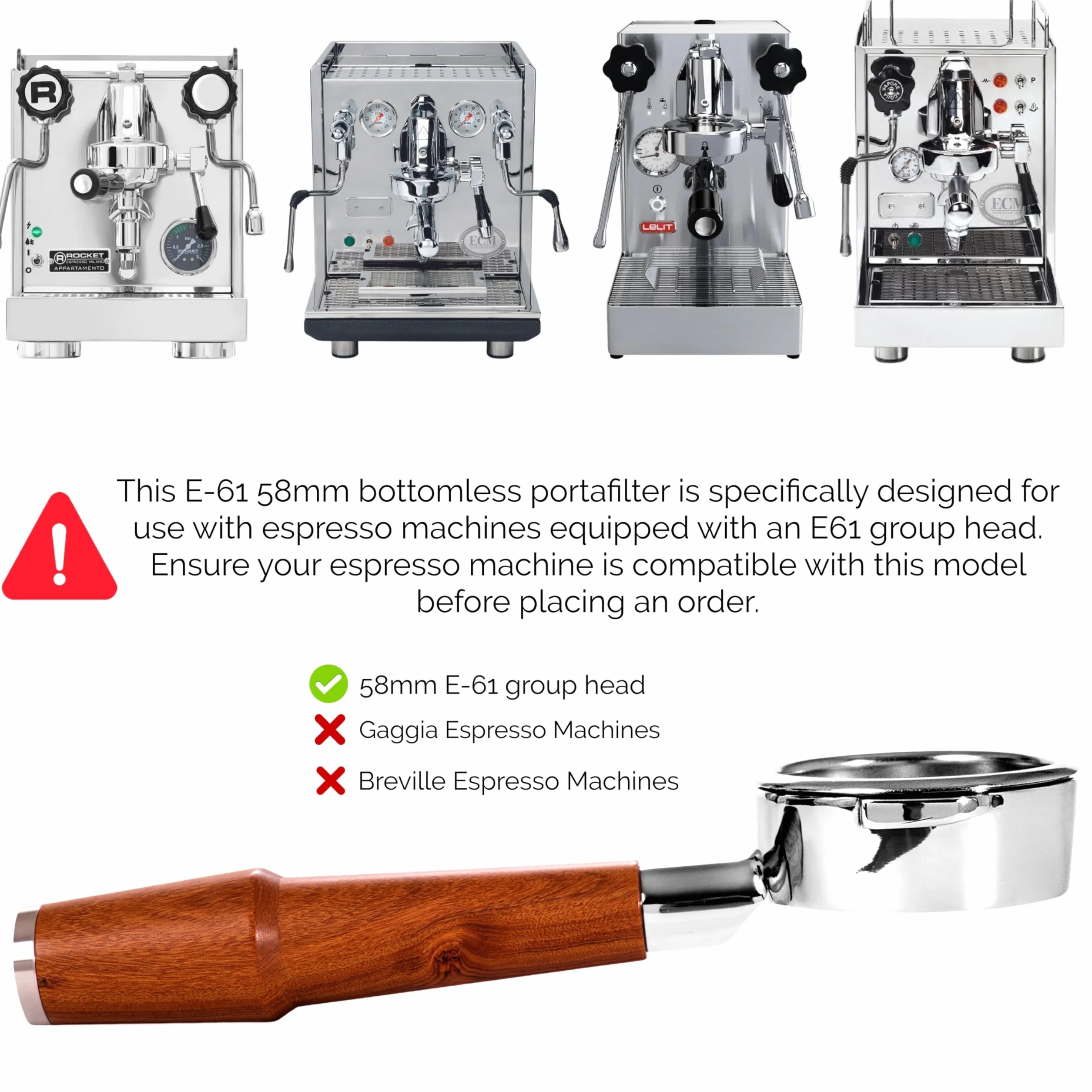 Bezdenny portafilter 58mm do głowicy grupy E61 pasuje do Quick Mill, ECM, Rocket, Bezzera, Lelit, Profitec, Expobar, Flair 58 – uchwyt z palisandru z podwójnym koszem do ekspresu