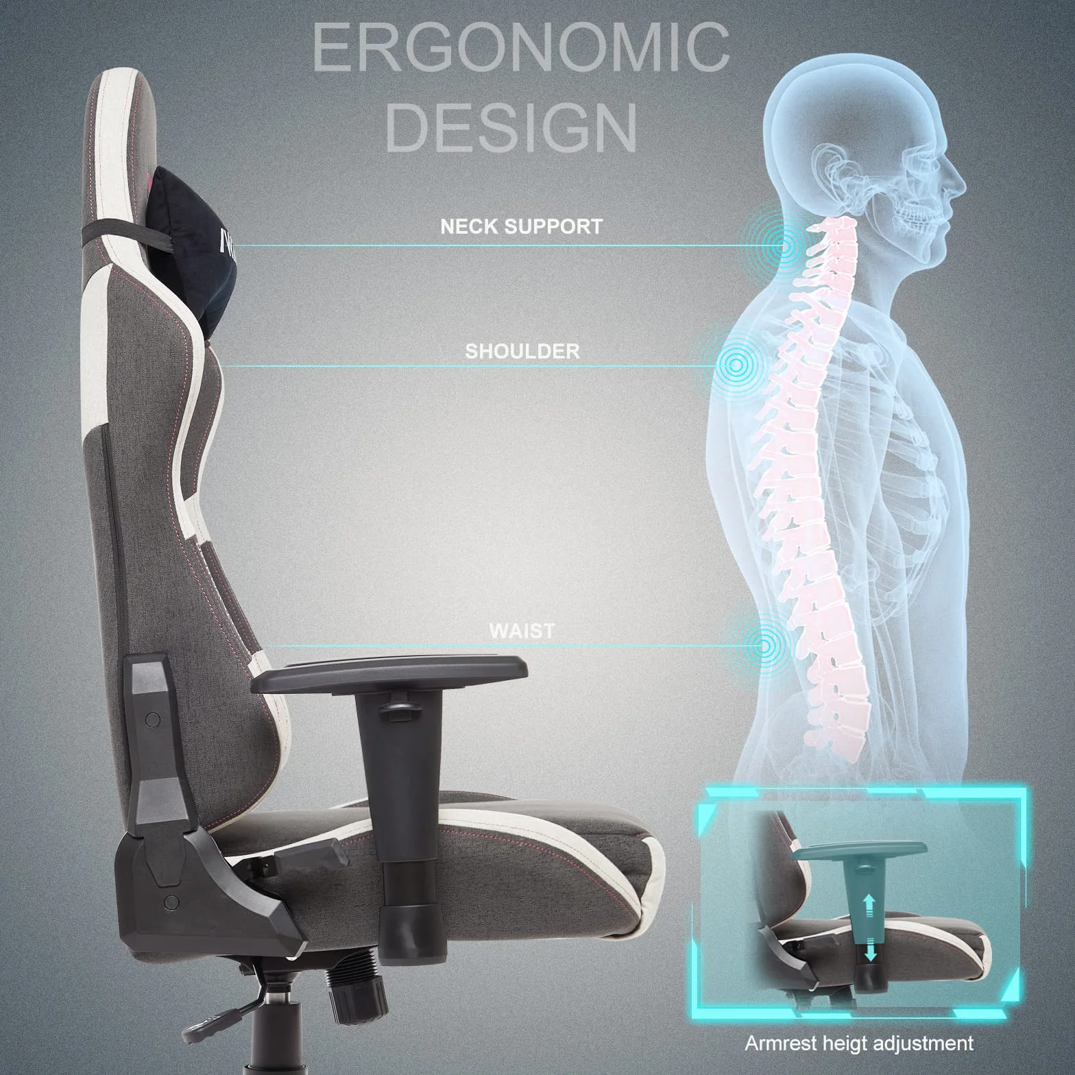 Intimate WM Heart Fotel gamingowy, gamingowy, ergonomiczny fotel obrotowy, z wysokim oparciem, krzesło komputerowe z funkcją przechylania, jasnoszare, białe, 49 x 56 x 131 cm