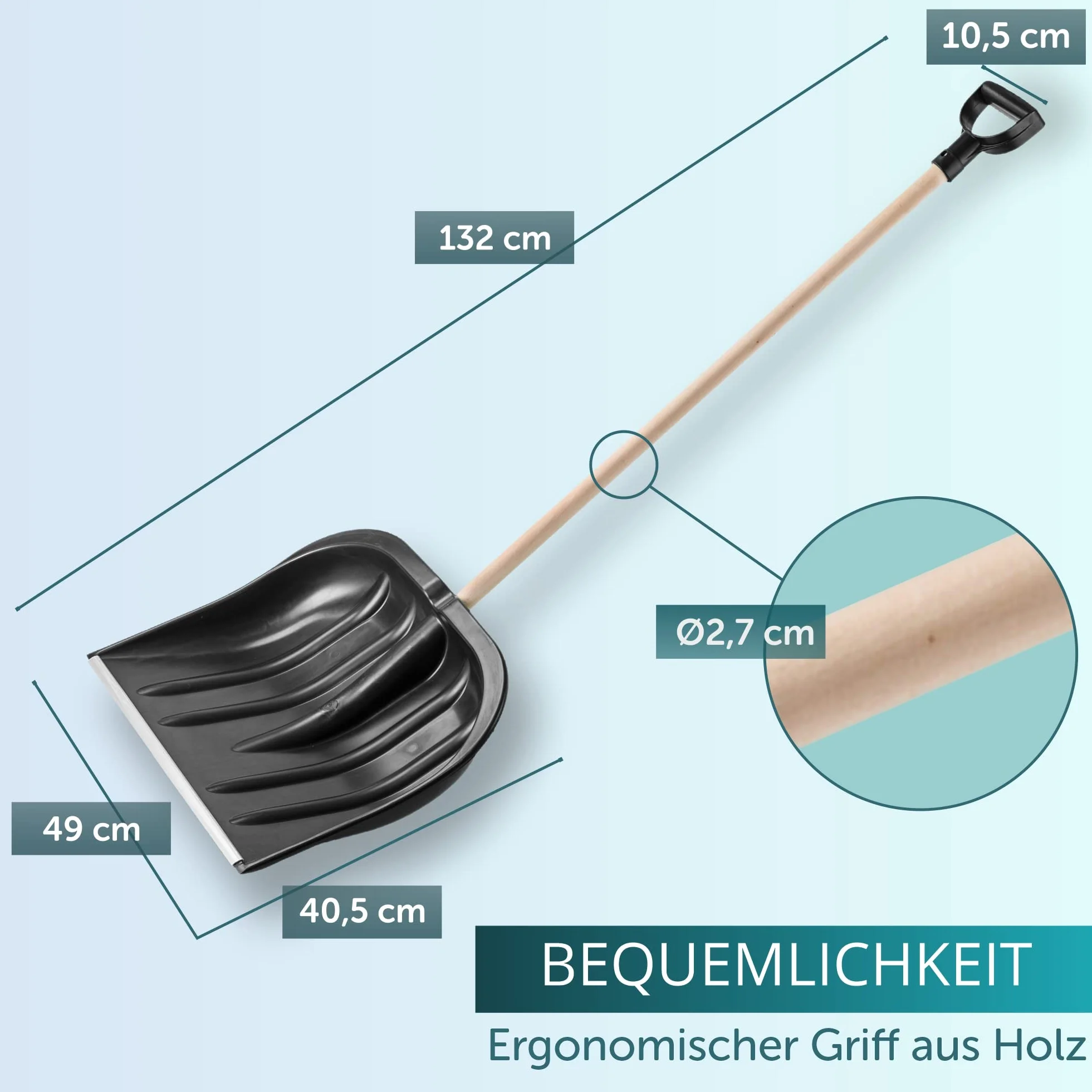 KADAX Plastikowa łopata do śniegu, szerokość: 49 cm, wyprofilowana szufla do odśnieżania z długim trzonkiem, łopata z uchwytem w kształcie litery D (drewniany trzonek, czarny)