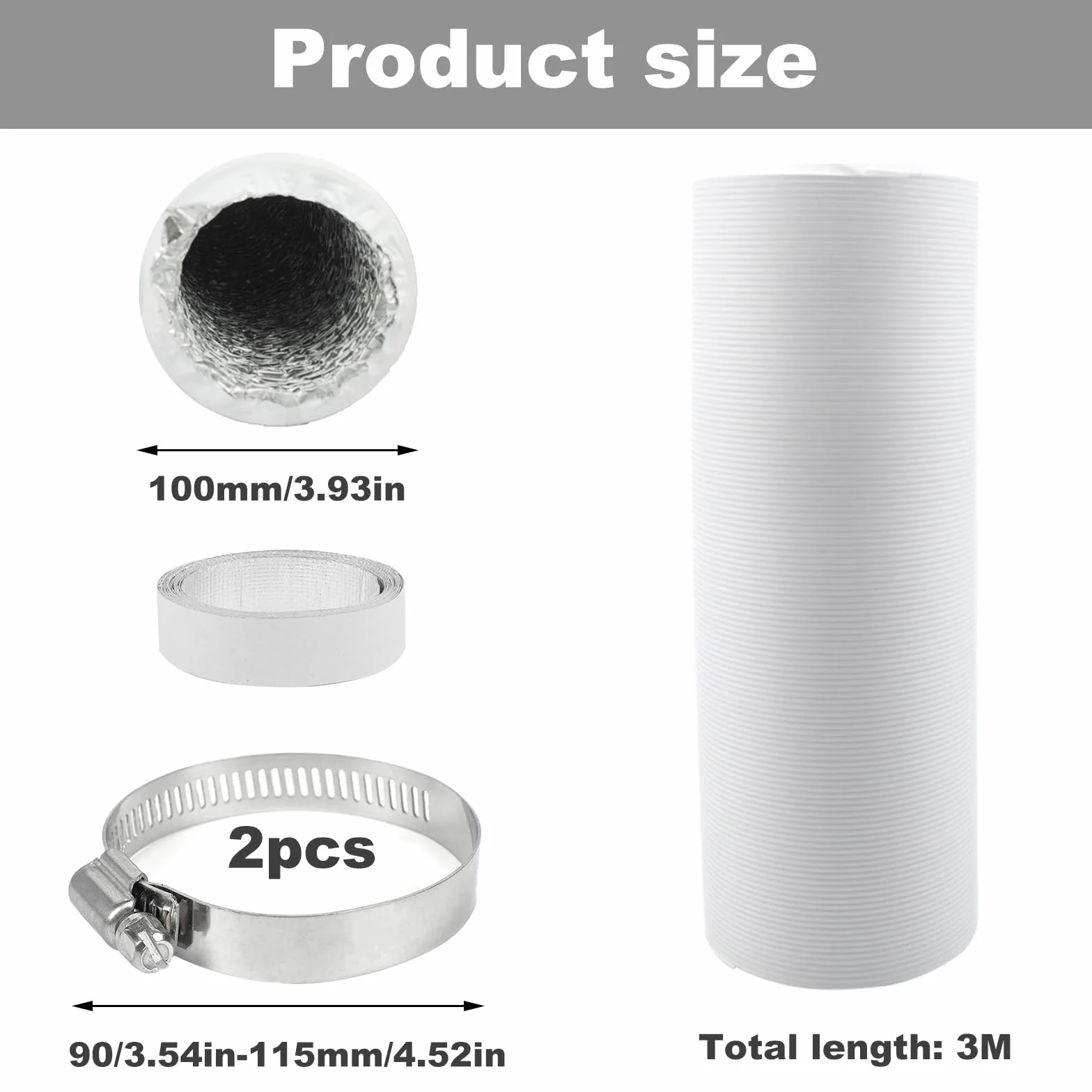 Wąż powietrza wylotowego 100 mm, rura elastyczna, aluminiowa, 3 m, z 2 obejmami do wentylatora