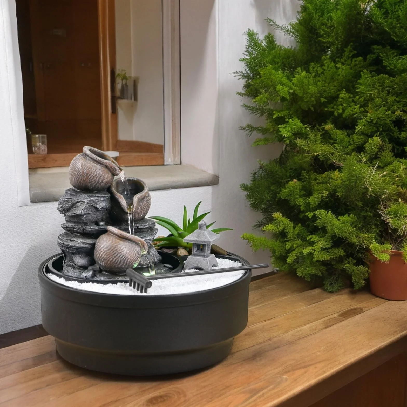 Fontanna ogrodowa Zen, fontanna wodospadowa, kolorowe światło LED, relaksująca dekoracja nastrojowa, ogród Zen biały piasek, fontanna stołowa zamknięta obwód, H21 cm - Oasis Zen'Light