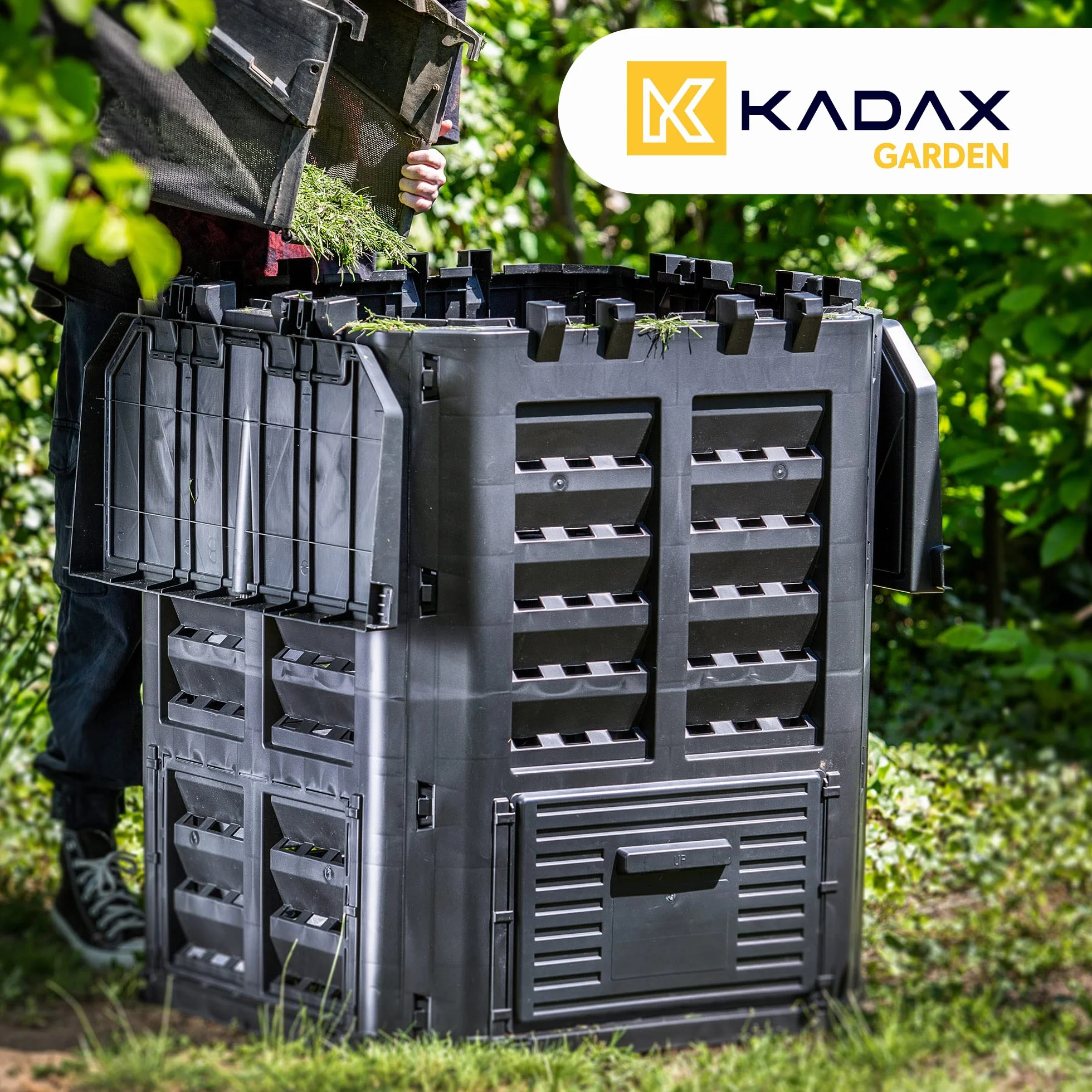KADAX Kompostownik ogrodowy 360 l, odporny na warunki atmosferyczne, składana pokrywa ułatwia dostęp, szybsze kompostowanie resztek i odpadów zielonych