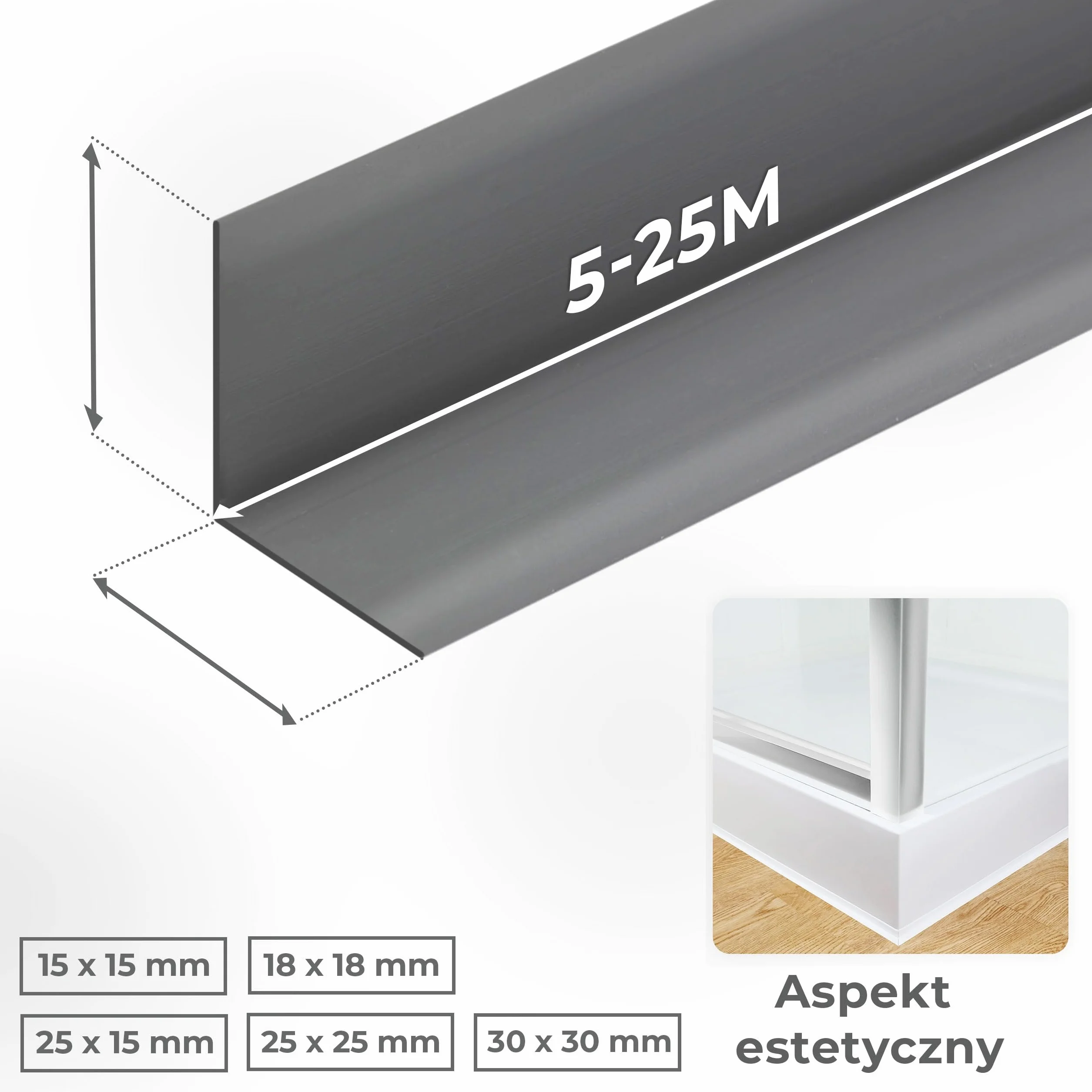QUEST Listwa wykończeniowa PVC 25x25 mm, samoprzylepna, elastyczna, miękka taśma dekoracyjna, szary, 15 m