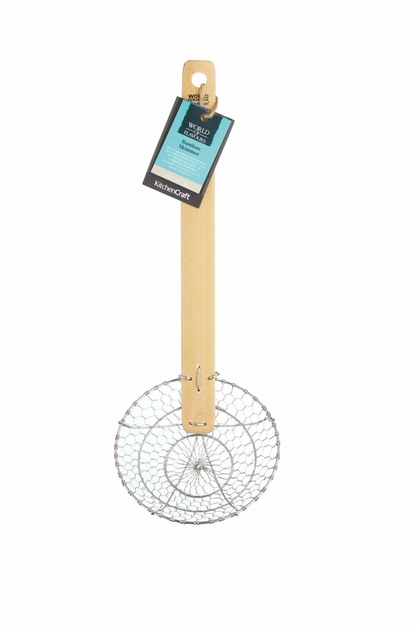 KitchenCraft Cedzak ze Stali Nierdzewnej World of Flavours, Chińska Tradycja, Bambusowa Rączka, 33 cm – Kolor Srebrny/Brązowy