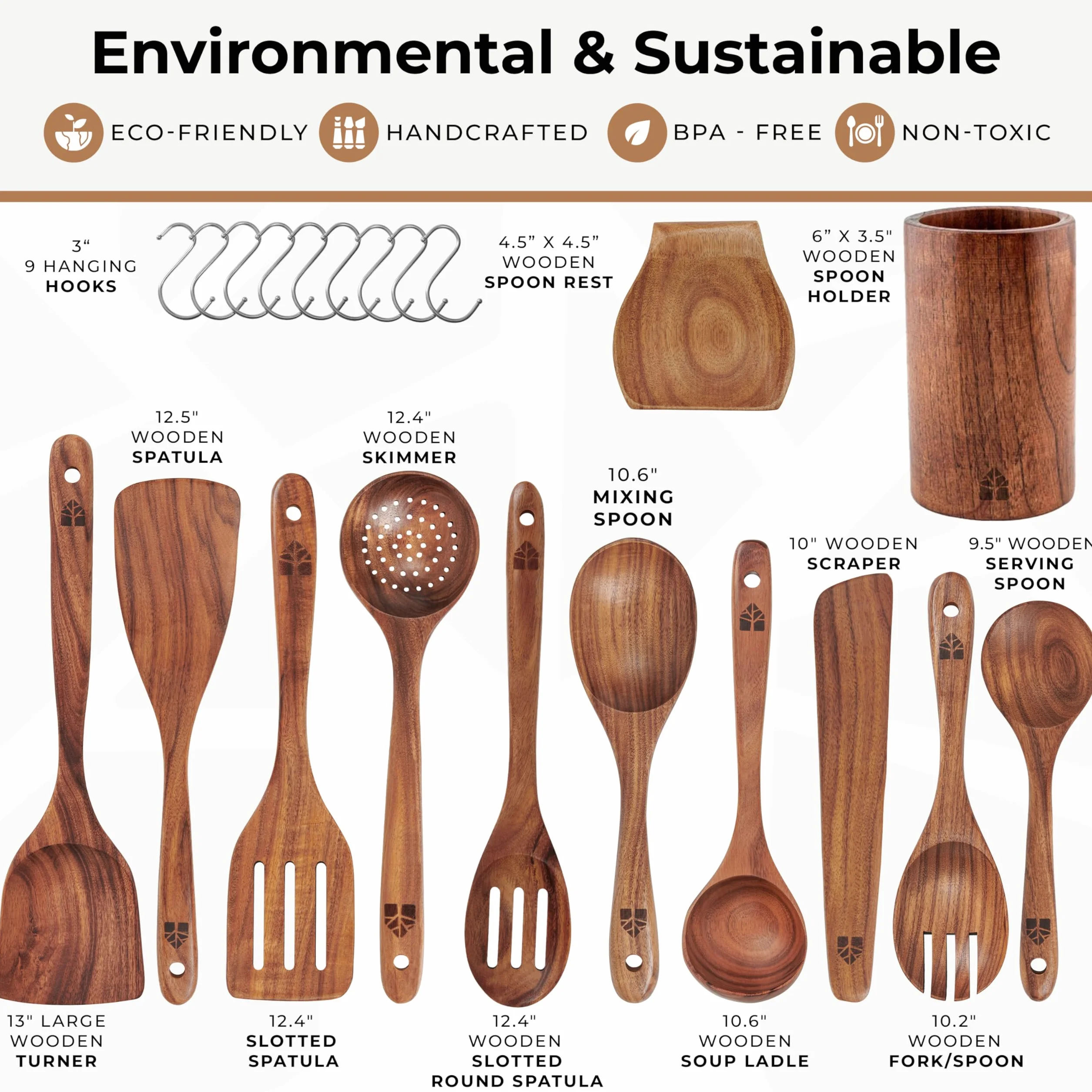 Teak Wooden Spoons for Cooking Set with Holder - 12pcs Nonstick Kitchen Utensils by Woodenhouse