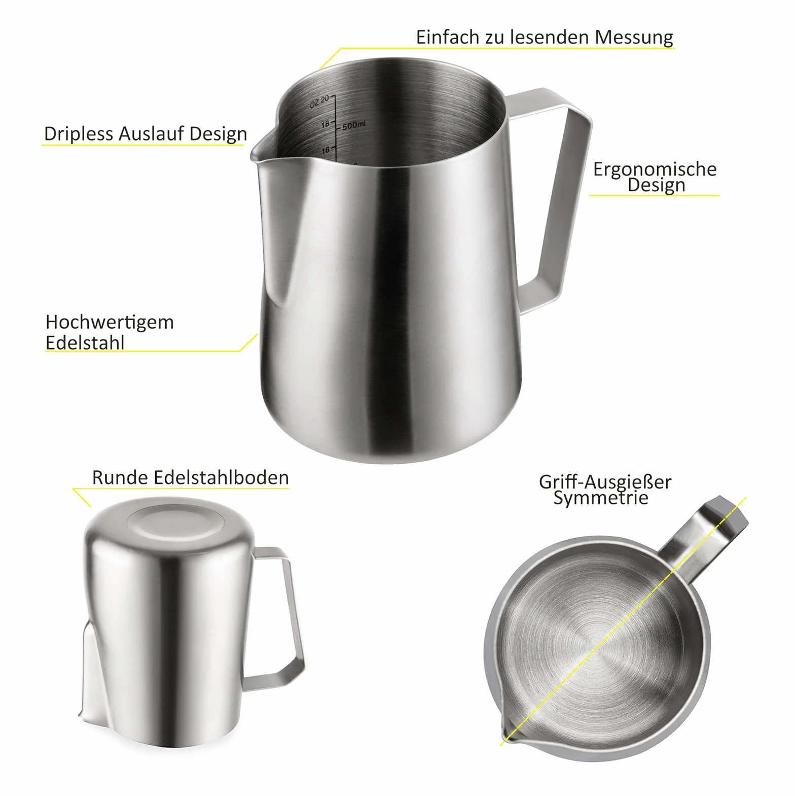 Dzbanek na mleko ze stali nierdzewnej 600ml do spieniania mleka do cappuccino i latte art srebrny